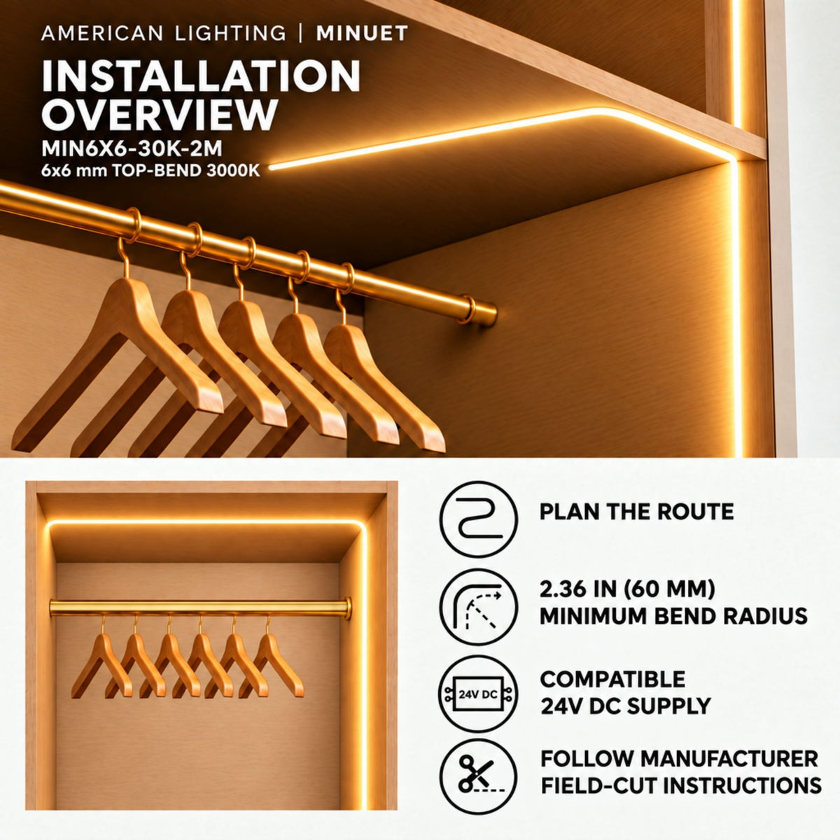 Warm white LED neon strip installation overview with minimum 60 mm bend radius