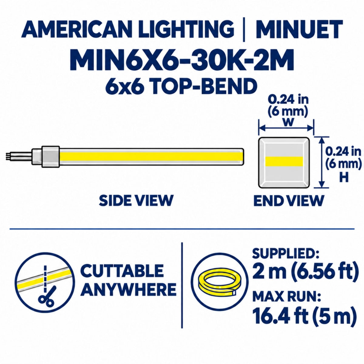 6x6 top-bend LED neon strip diagram with side and end view dimensions