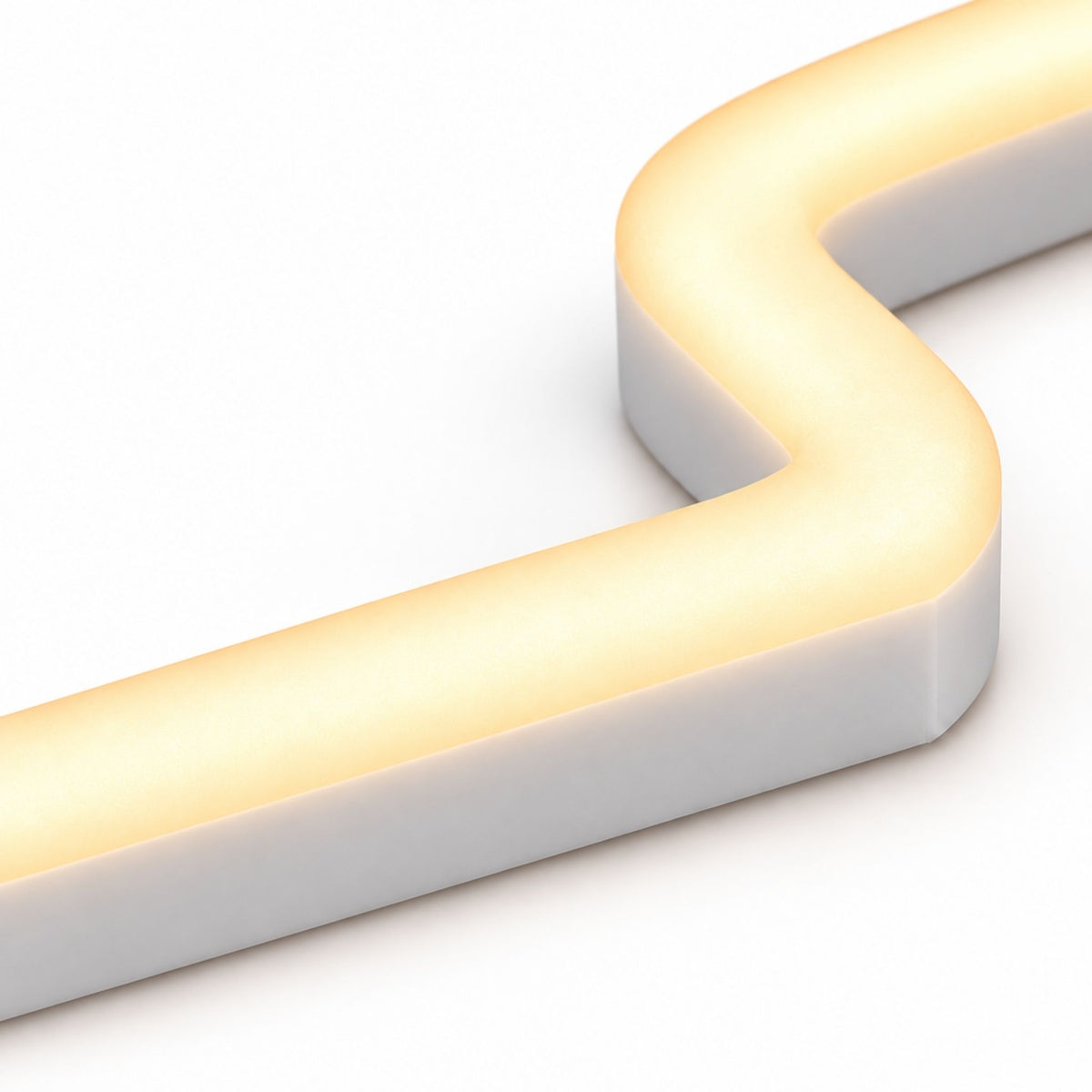 Warm white LED neon strip corner detail with soft glow on curved profile