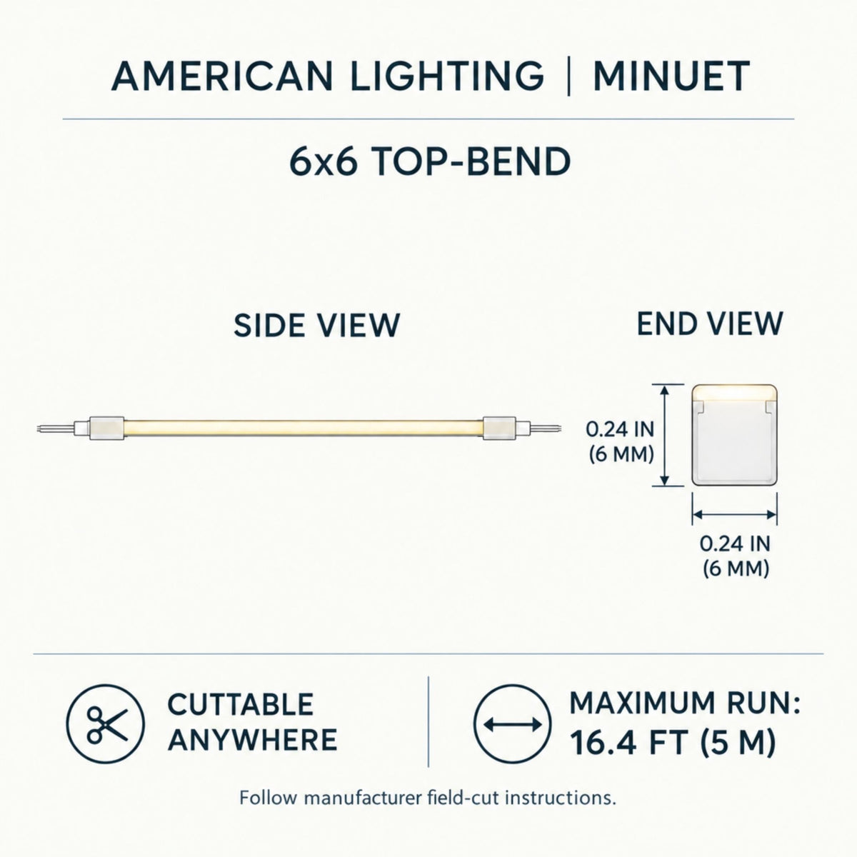 Top-bend LED neon strip diagram with side and end profile dimensions