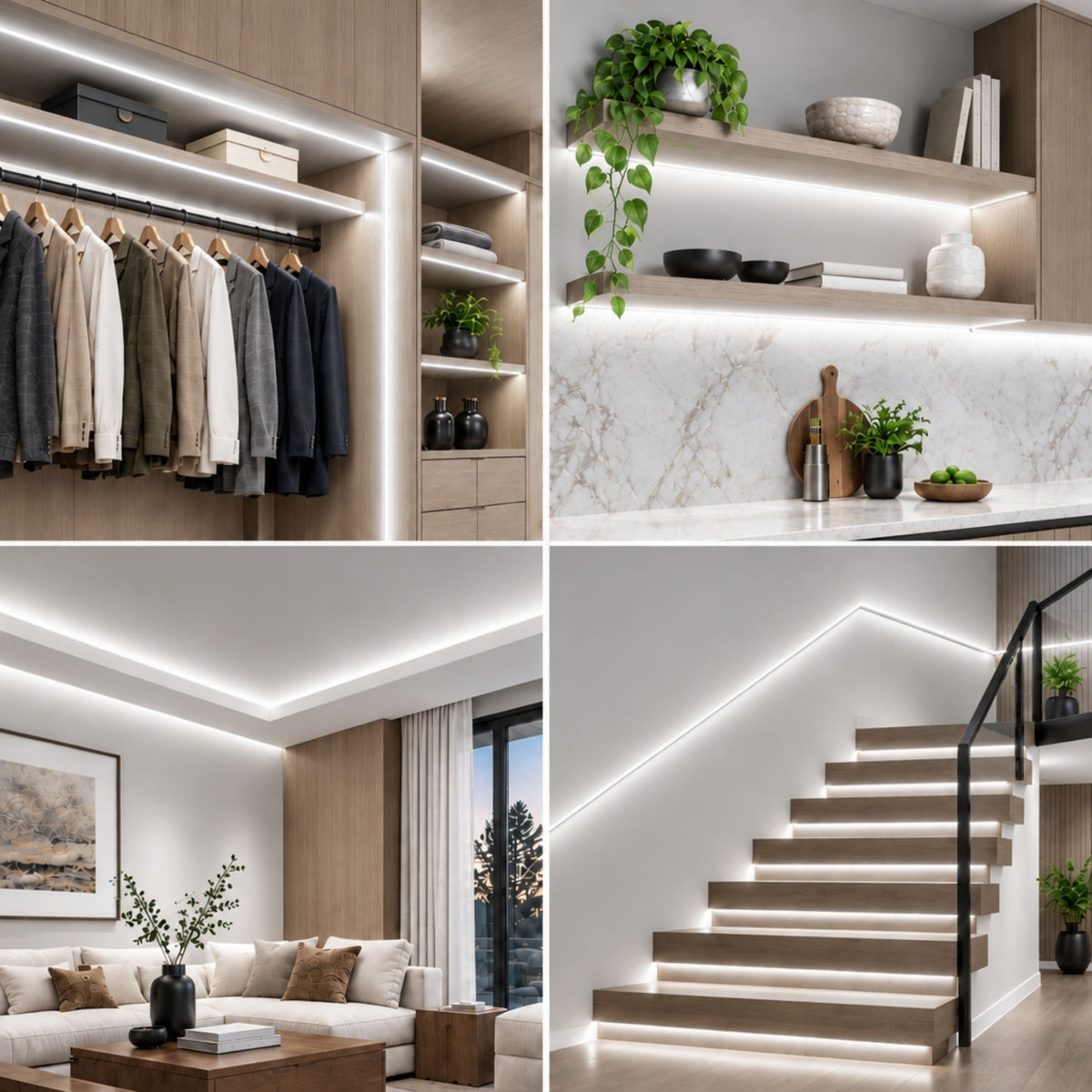LED neon strip outlining recessed shelves and stair steps with continuous linear light.