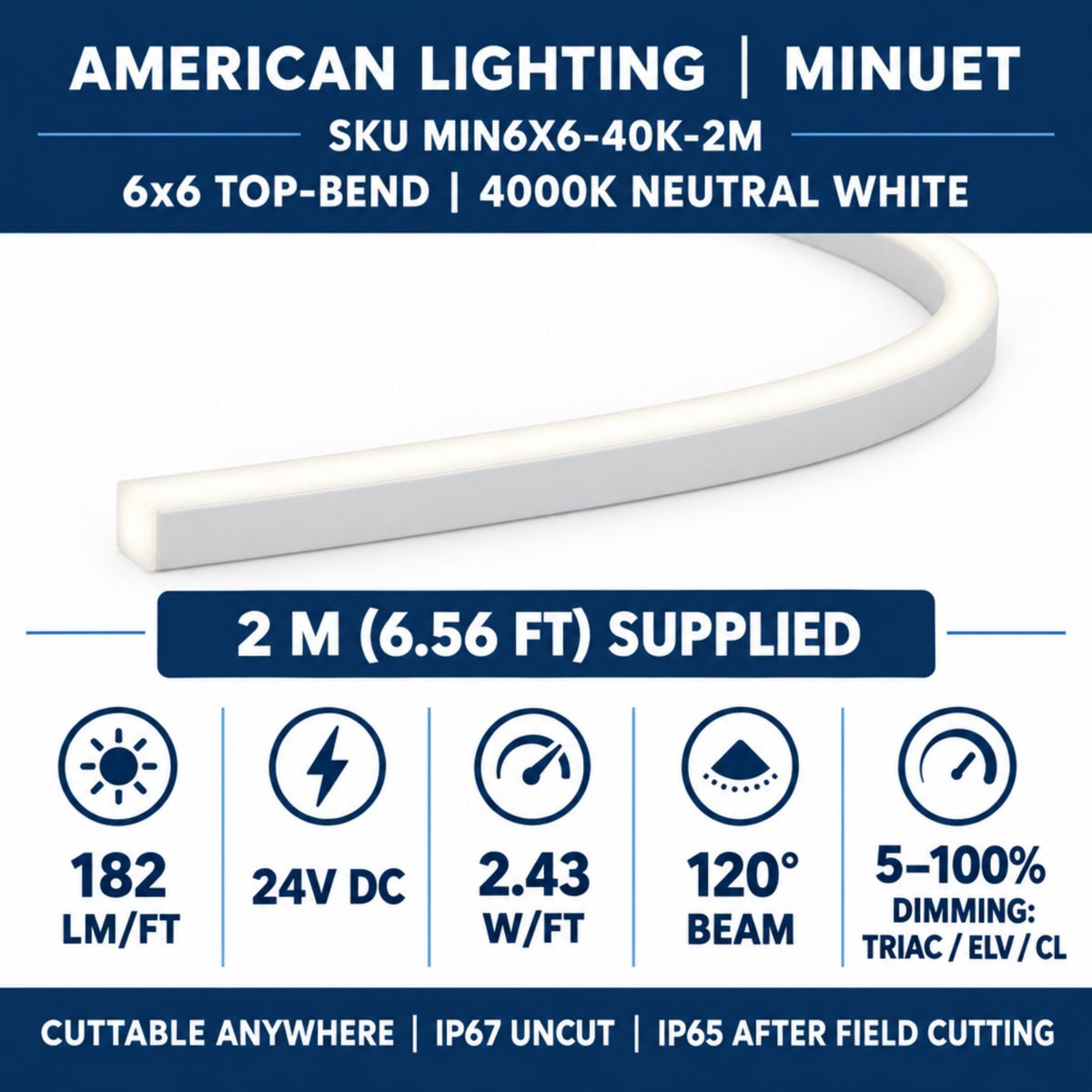 Curved top-bend LED neon strip, cool white light strip with printed spec panel