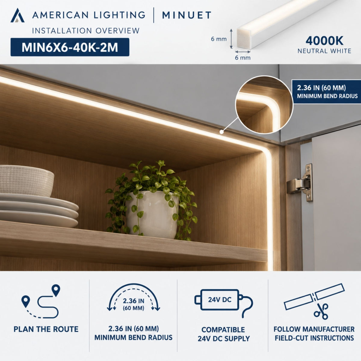Top-bend LED neon strip with installation diagram showing neutral white and bend dimensions
