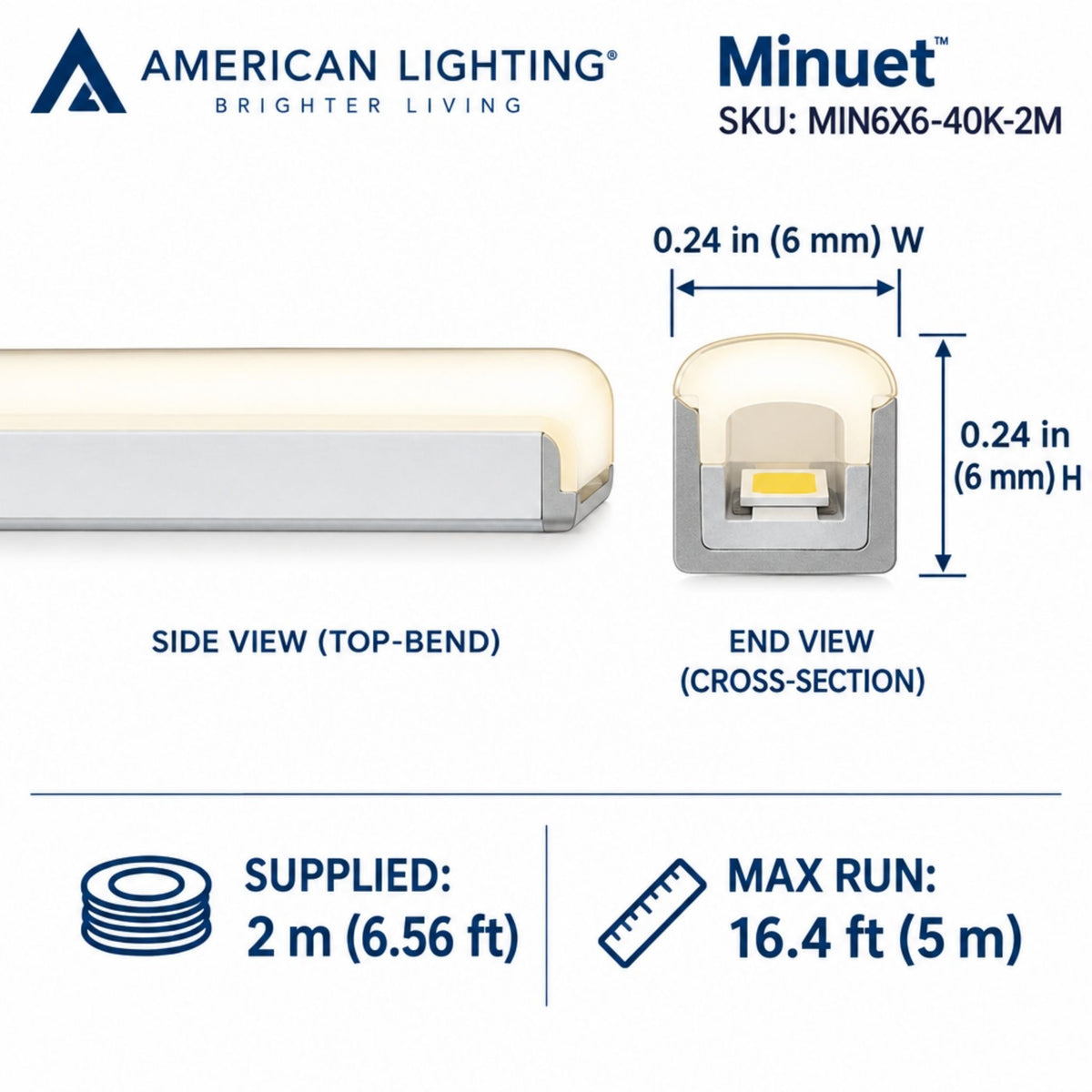 Minuet top-bend LED neon strip cross-section showing 6 mm width and 2 m supplied