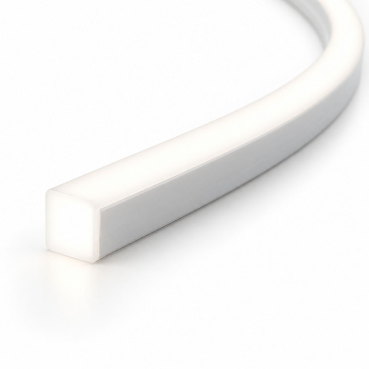 Close-up of curved LED neon strip end, cool white diffuser in gray housing