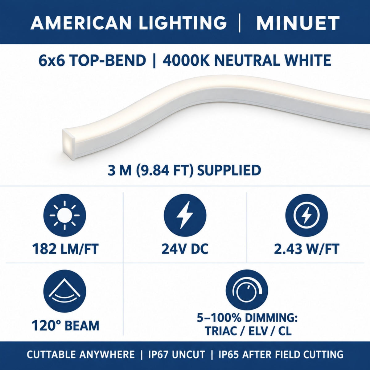 White 6x6 top-bend LED neon strip profile, cool white glow light bar.