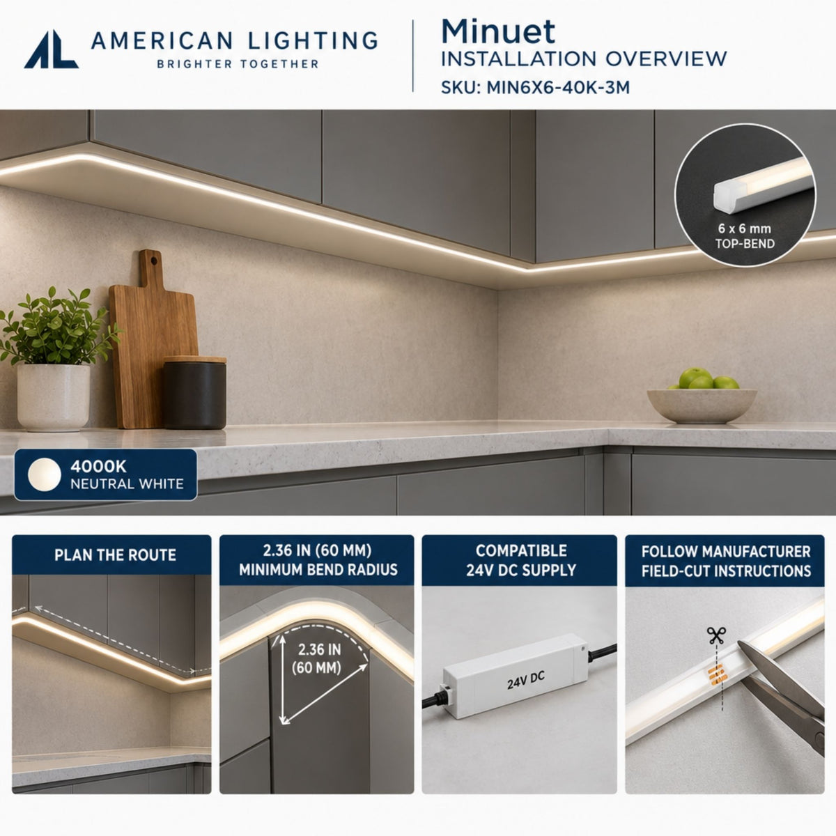 White 6x6 top-bend LED neon strip profile shown for under-cabinet lighting.