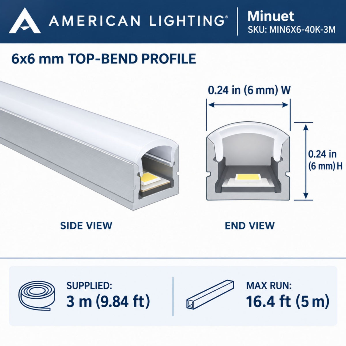 White 6x6 top-bend LED neon strip profile diagram with side and end views.