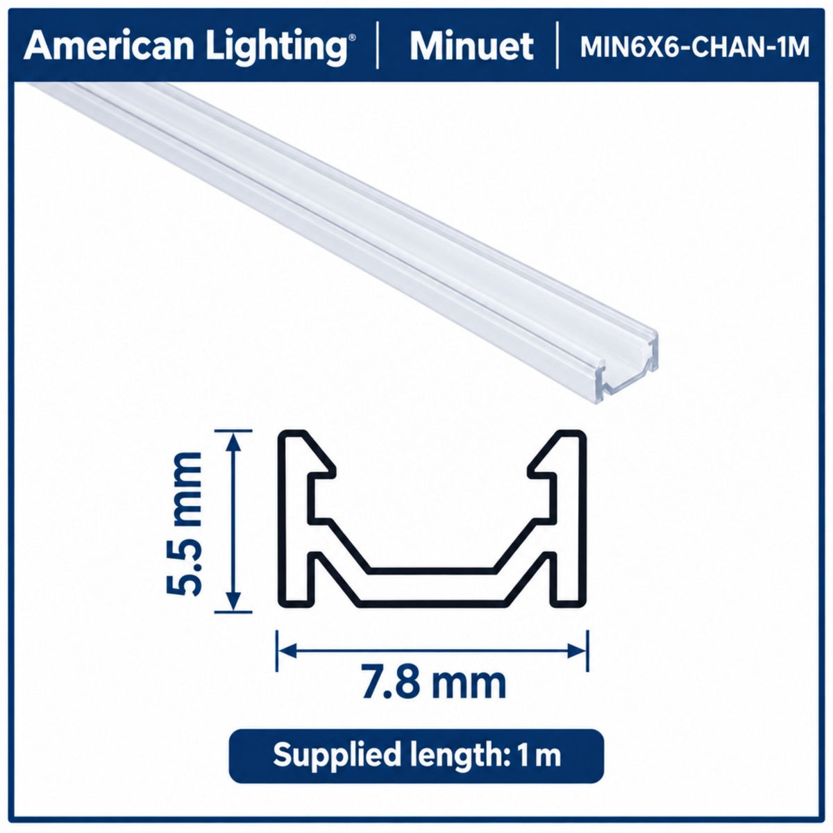 American Lighting Minuet 6x6 PC mounting channel, U-shaped open profile diagram