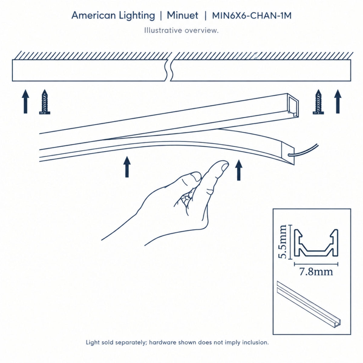 Minuet 6x6 PC mounting channel profile overview with height and width dimension callouts