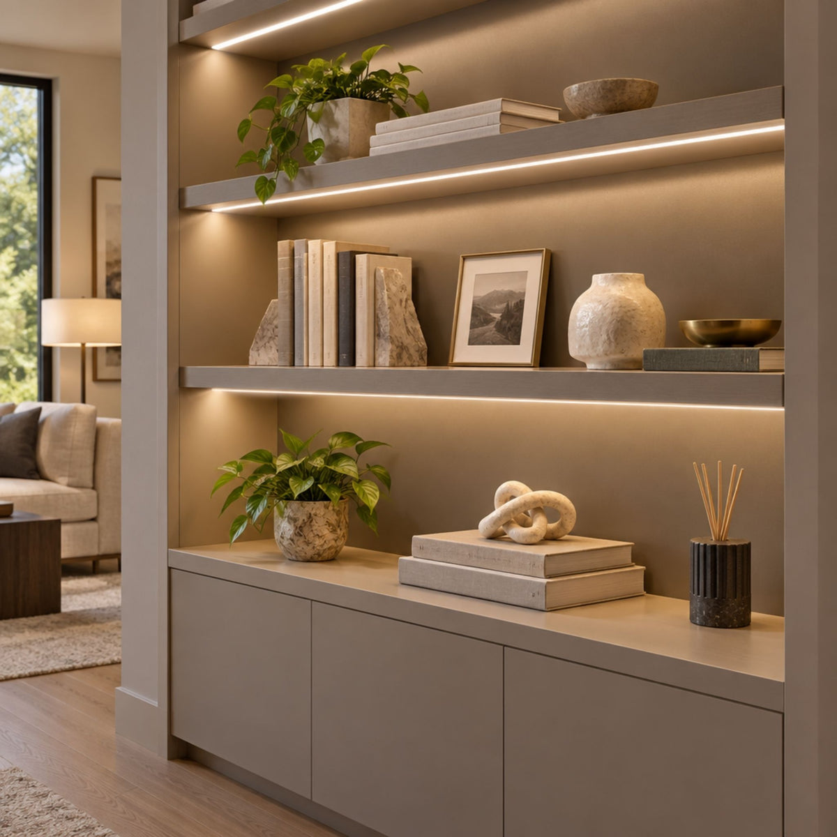 Silver LED channel strips installed under wall shelves, flexible lighting channels