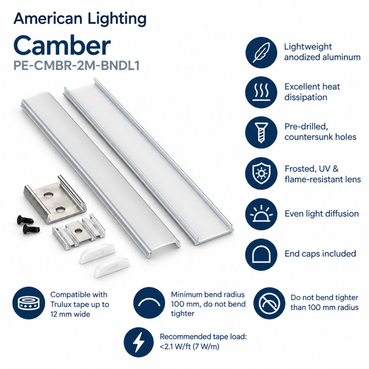 Silver flexible LED channel set with frosted diffuser lens, end caps and mounting clips
