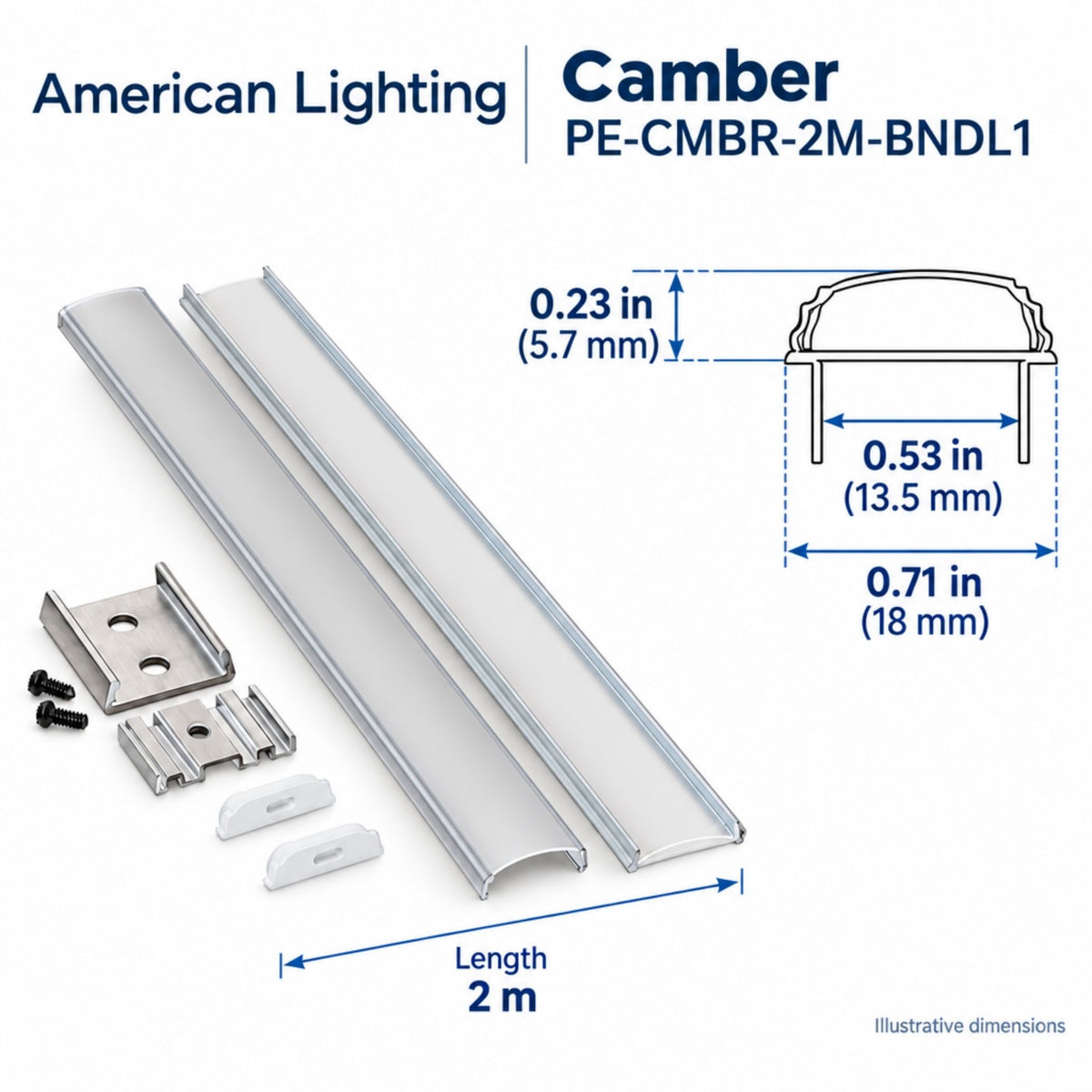 Silver LED channel bundle with mounting clips; cross-section and dimensions shown