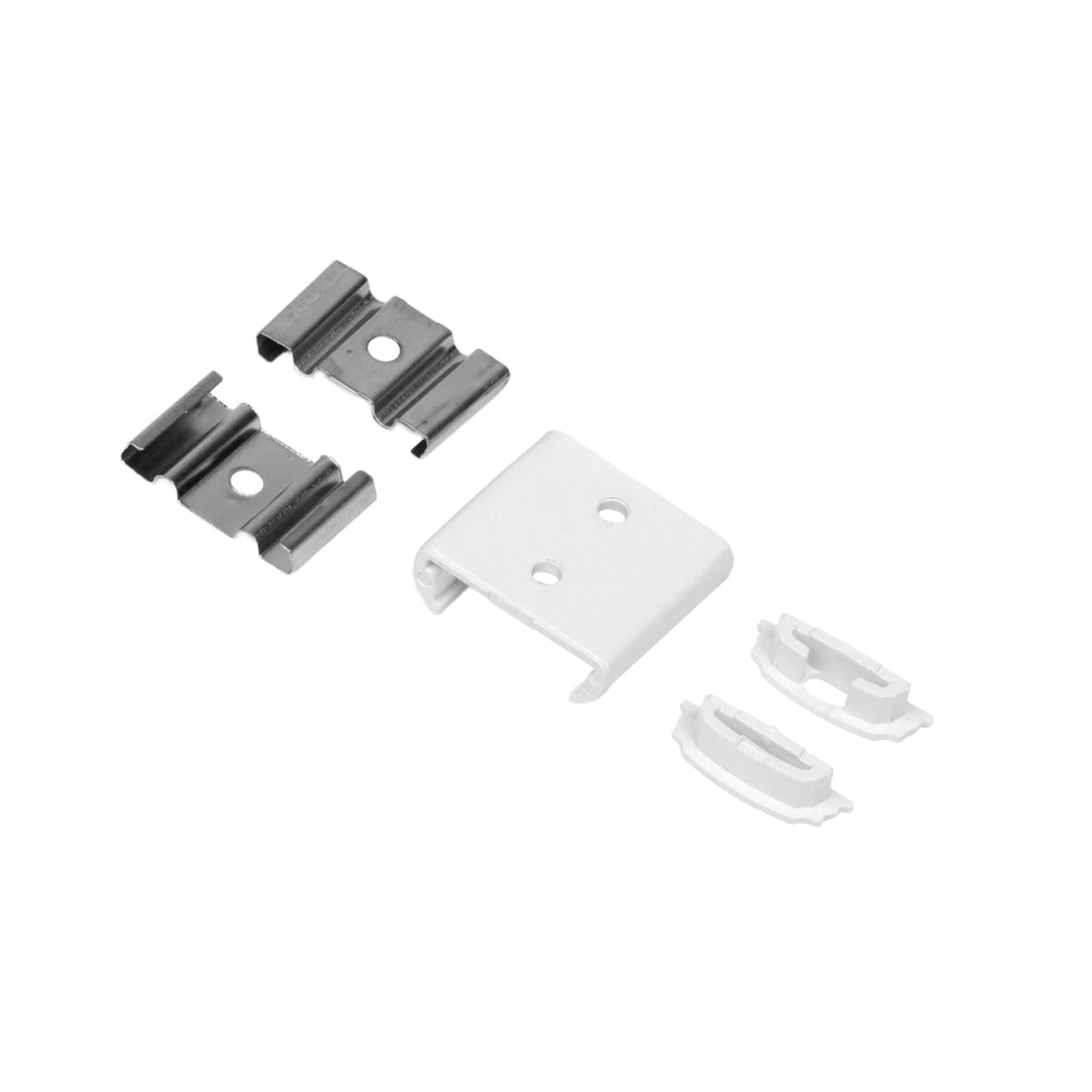 Five-pack mounting clips and white bracket pieces for lighting accessories
