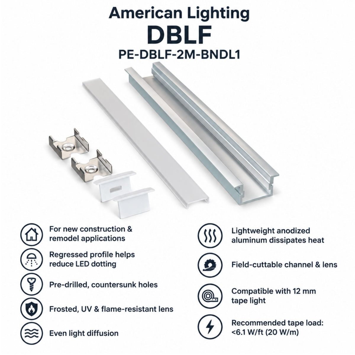 American Lighting Double Flange PE-DBLF-2M-BNDL1 2M Recessed Mount Channel Bundle, Anodized Aluminum