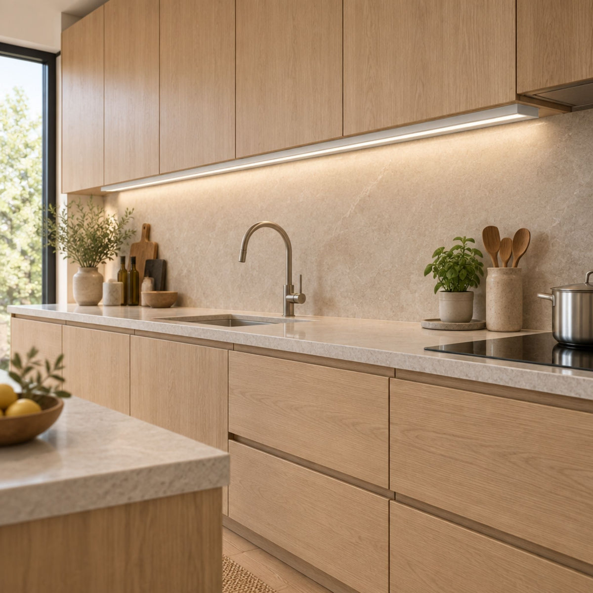 Under-cabinet LED channel light in brushed aluminum finish with diffused glow
