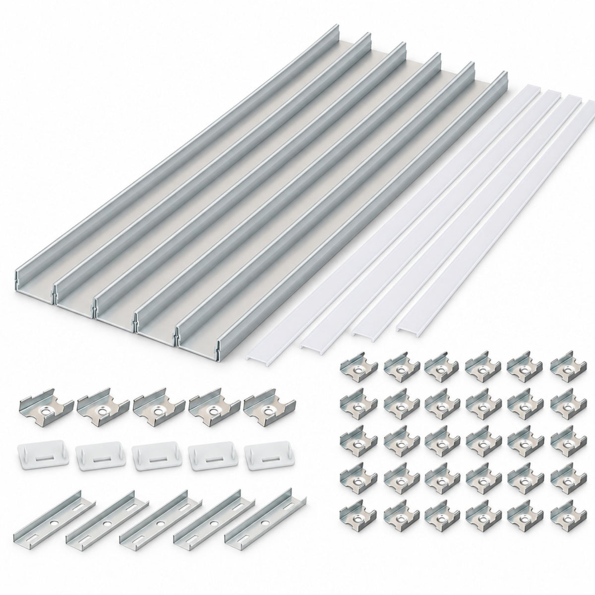 Aluminum LED channel track set with five linear channels, frosted lens cover and clips