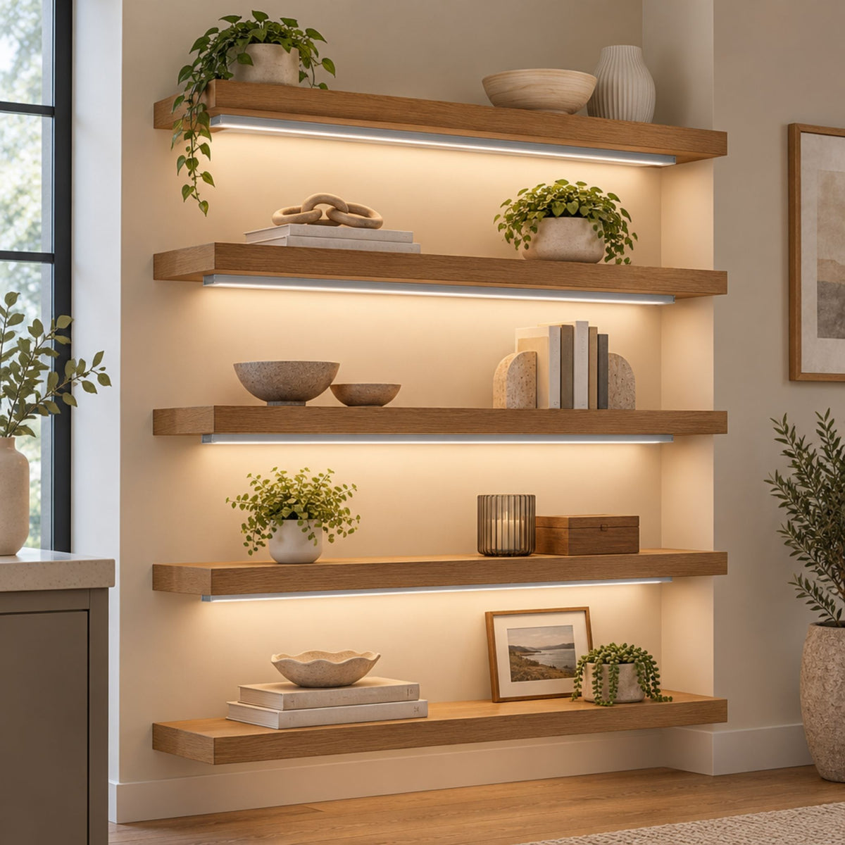 Installed linear LED channel lighting on wall shelves with frosted diffuser strips