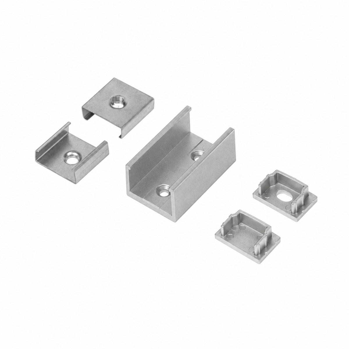 Five-pack metal GT channel connectors with square ends and screw holes