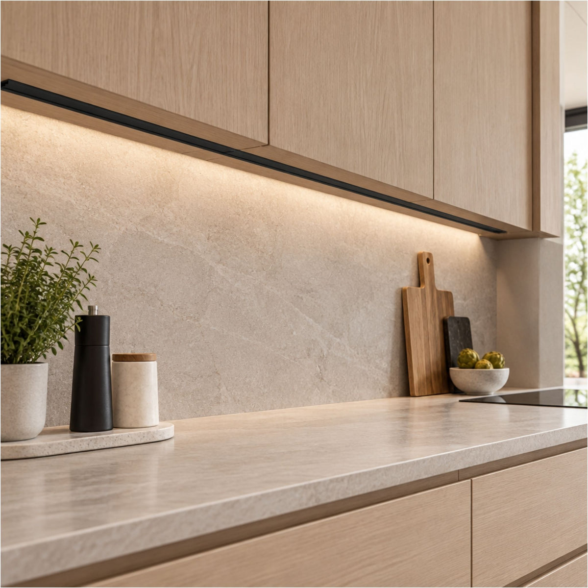 Black under-cabinet channel light strip installed under shelving