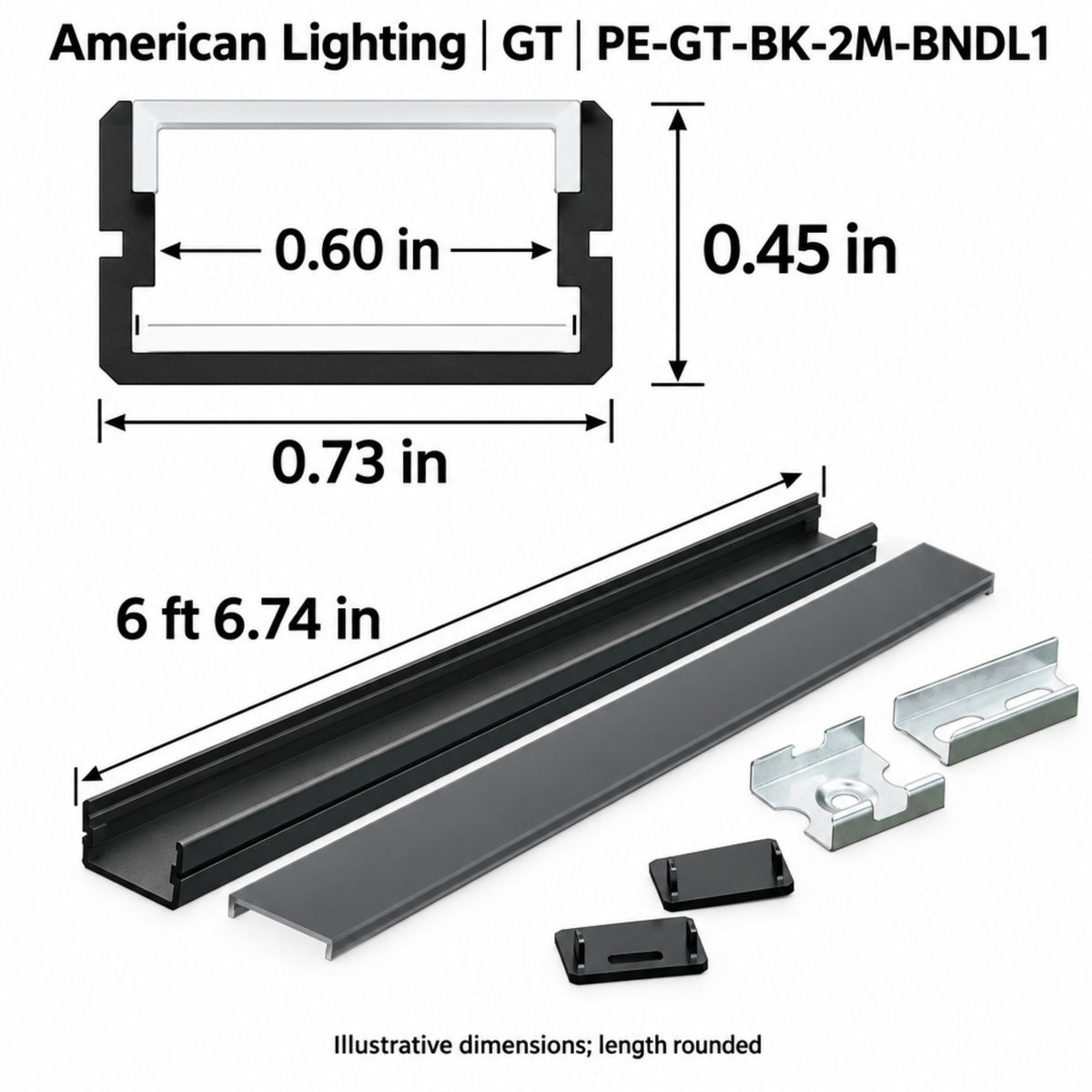 Black channel light housing with mounting clips, shown with dimensions