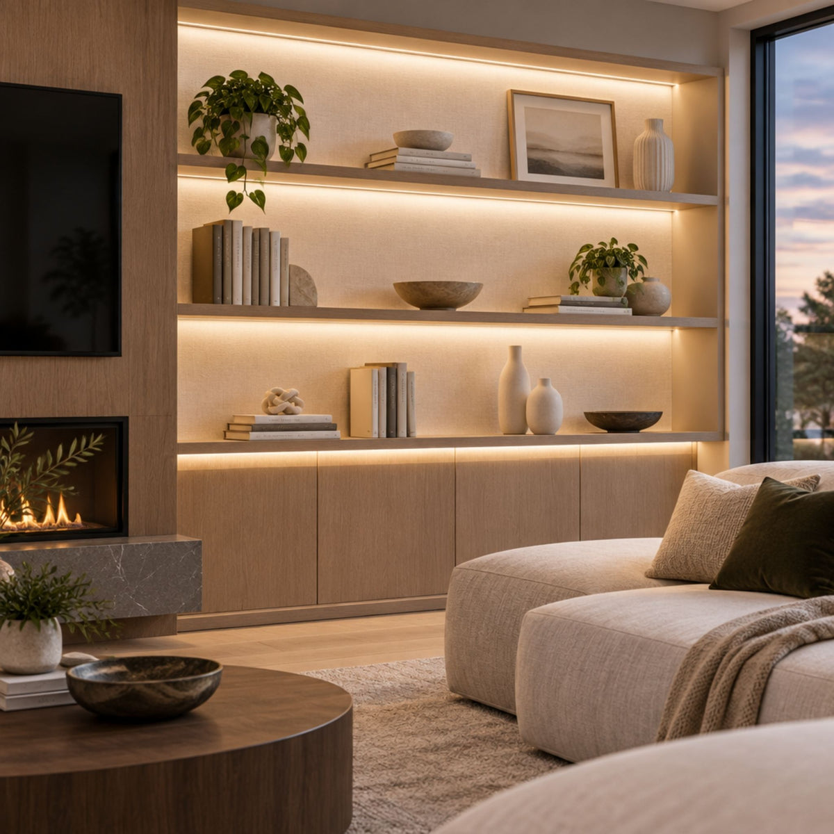 Warm linear LED channel installed under wall shelving, continuous light strip