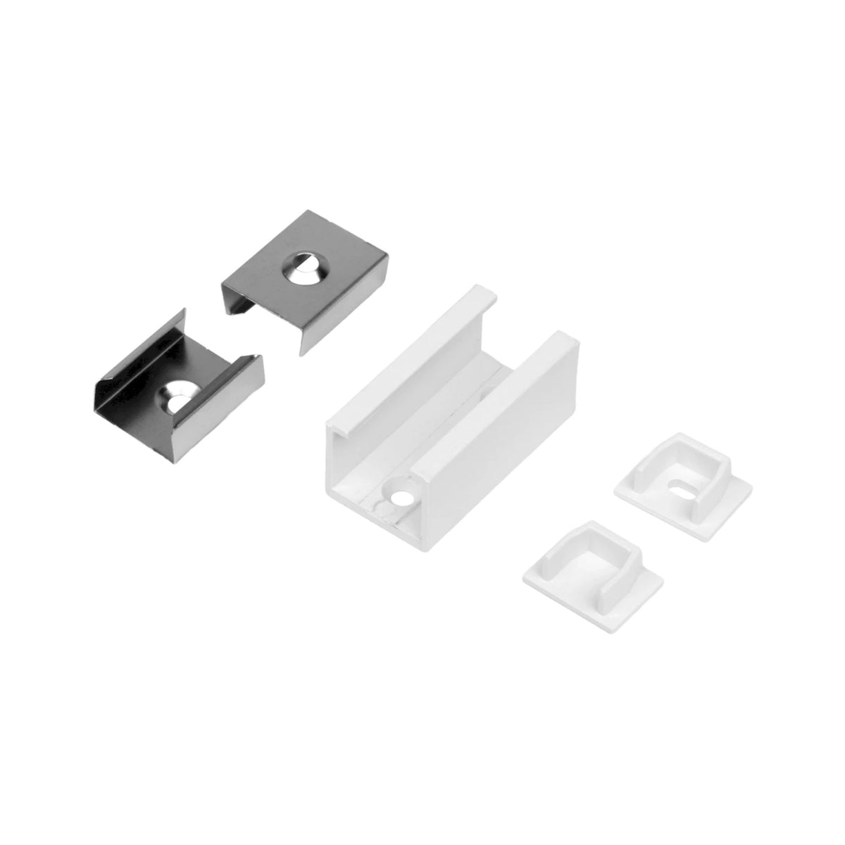 Universal mounting clips and brackets five-pack, metal and white plastic