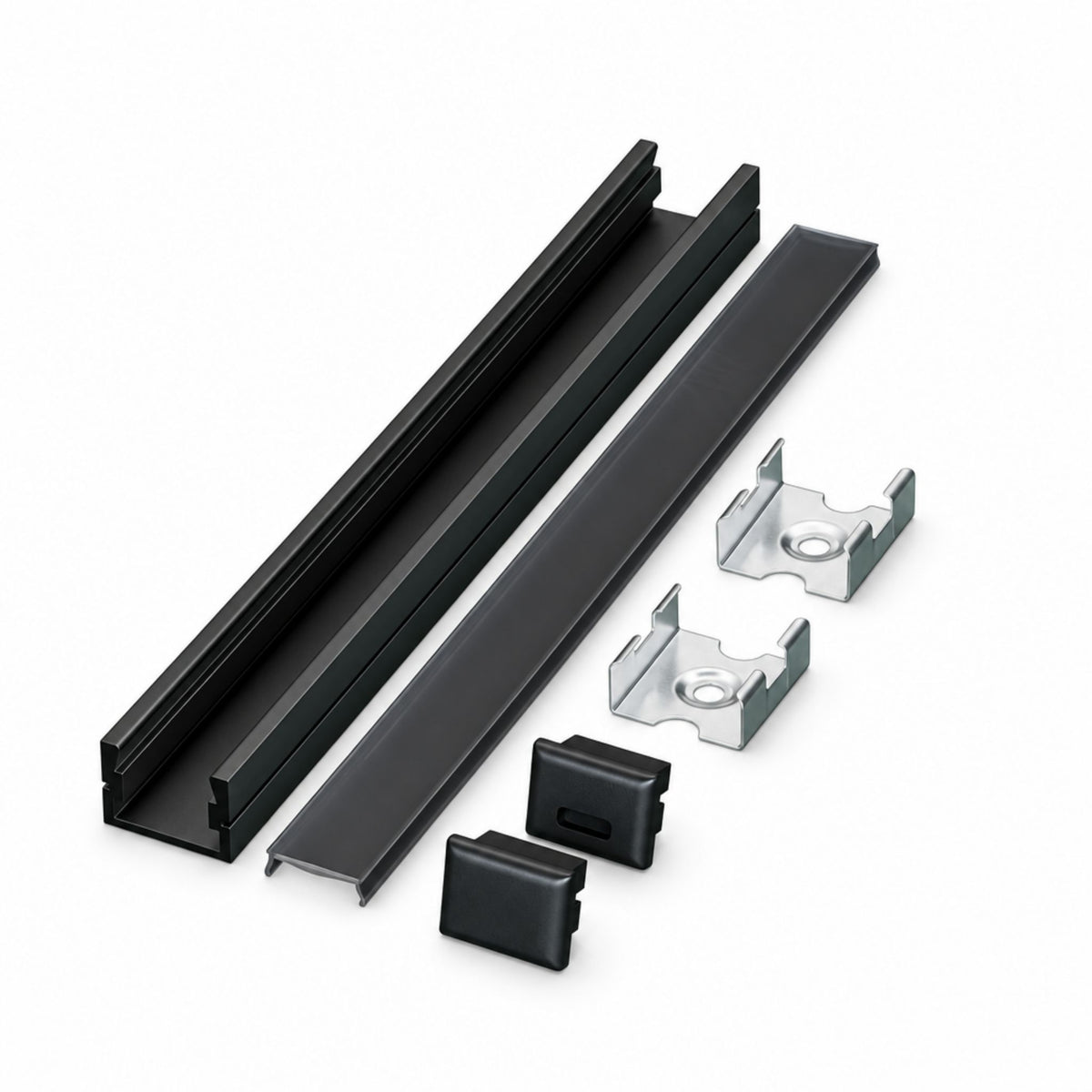Black 2 m LED channel bundle with lens cover and mounting clips