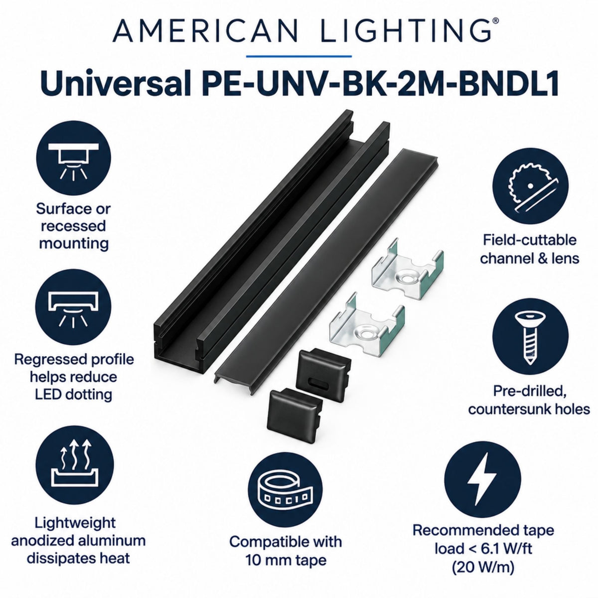 Universal black LED channel kit with rails, mounting clips, and lens components