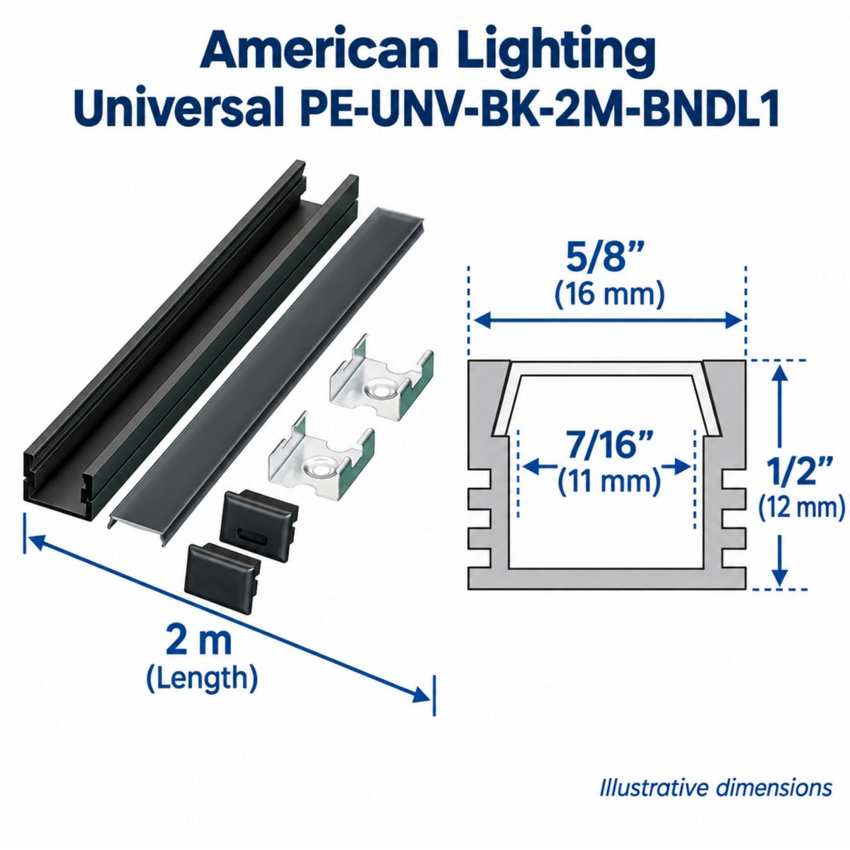 2 m black LED channel bundle with mounting clips; illustrated profile dimensions