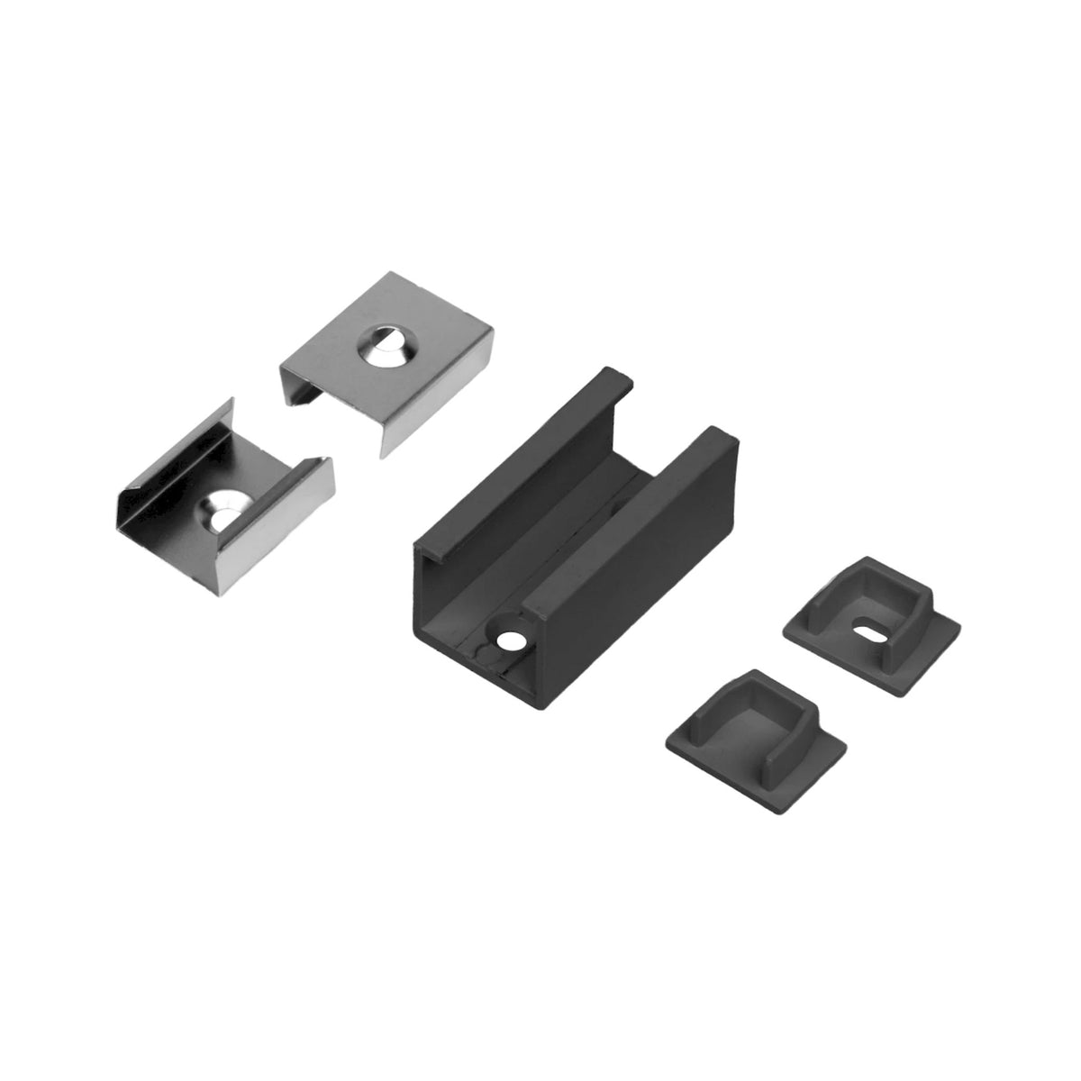 Black mounting bracket accessory set with five metal clips and screw holes