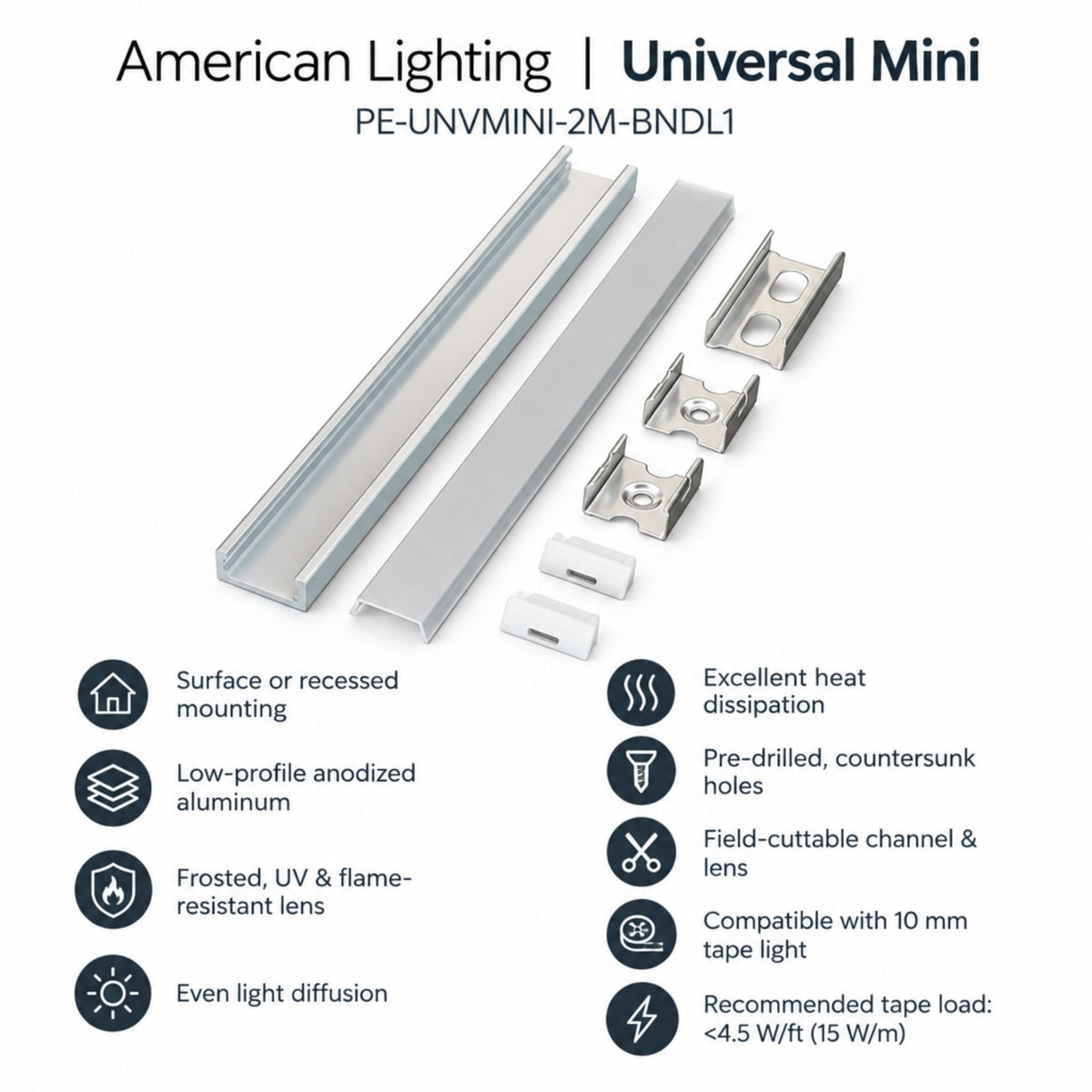 American Lighting Universal Mini PE-UNVMINI-2M-BNDL1 2M Surface & Recessed Mount Channel Bundle, Aluminum
