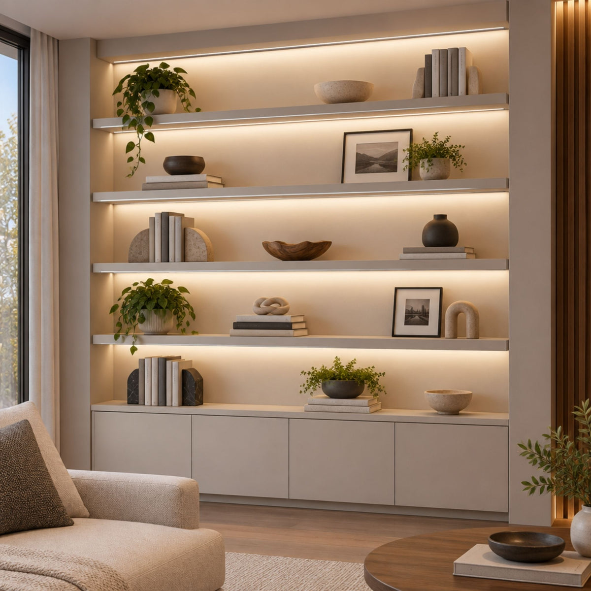 Installed universal mini linear light channels with frosted diffuser in shelving