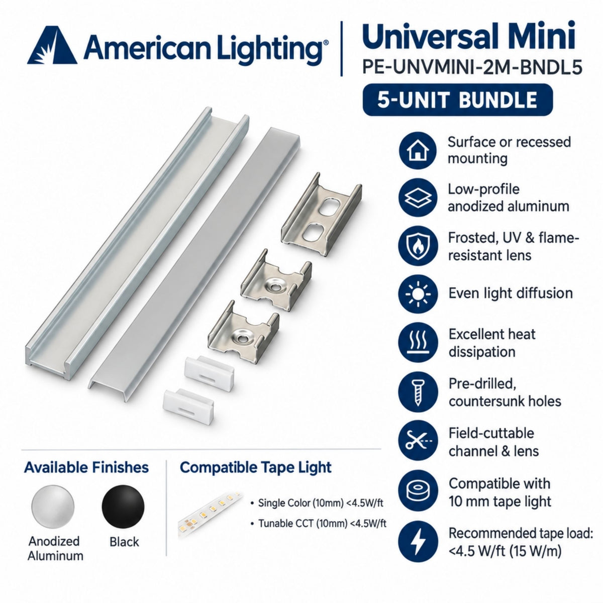Universal mini anodized aluminum channels with frosted diffuser and mounting brackets, 5-unit
