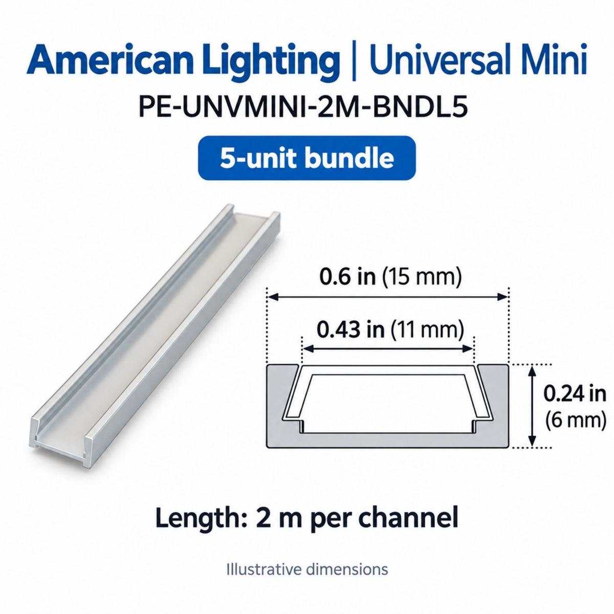 Universal mini aluminum channel with illustrated dimensions, 2 m per channel