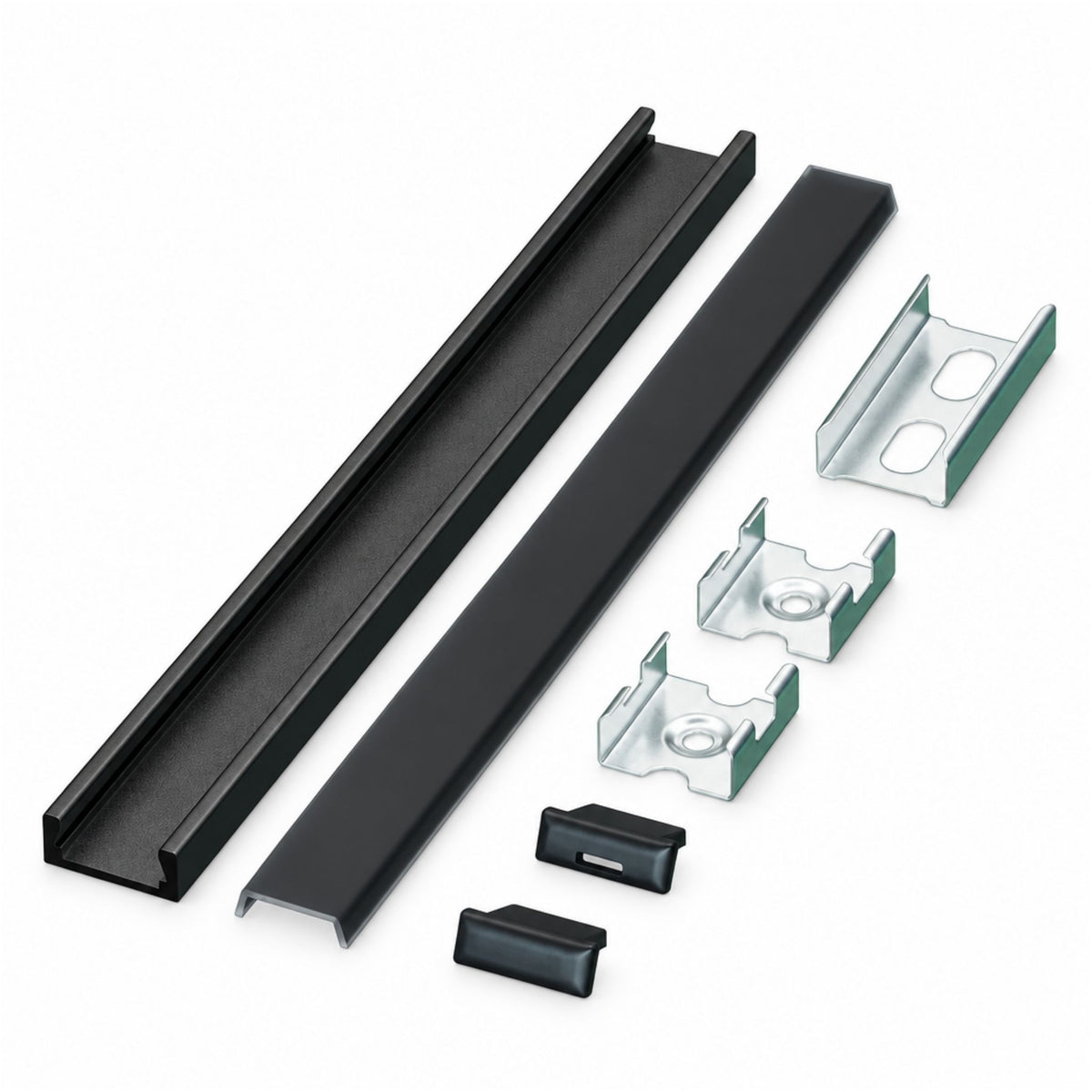 Black mini lighting channel kit with mounting clips and end caps
