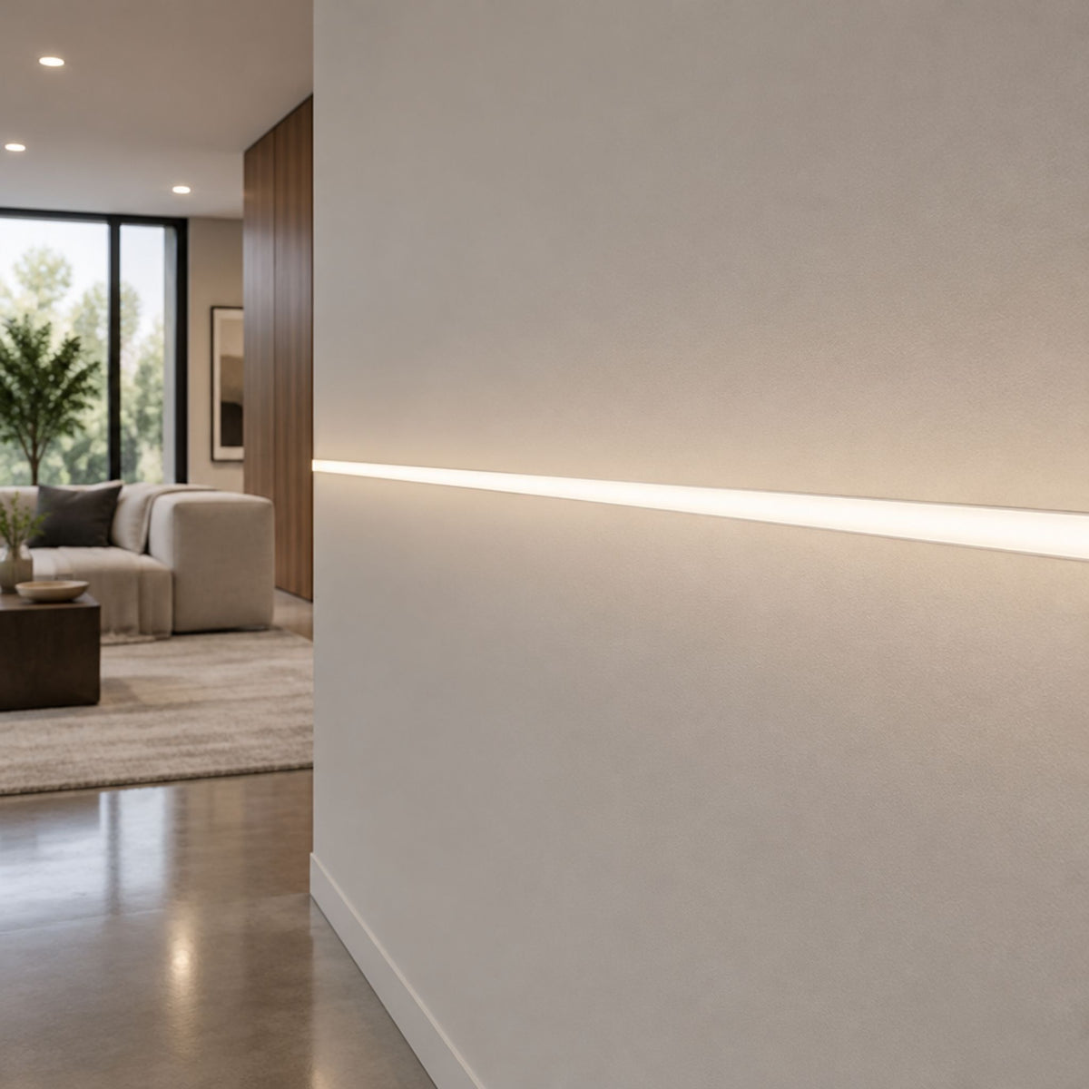 Recessed tape light channel in drywall with a subtle linear light along the wall edge