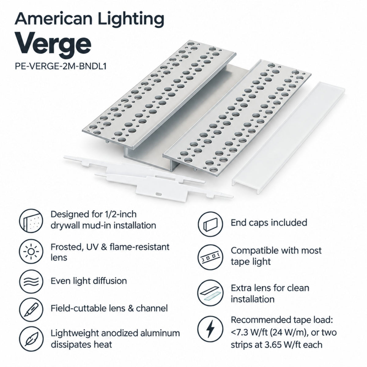 Aluminum and white tape light channel set with perforated diffuser strips and mounting bases