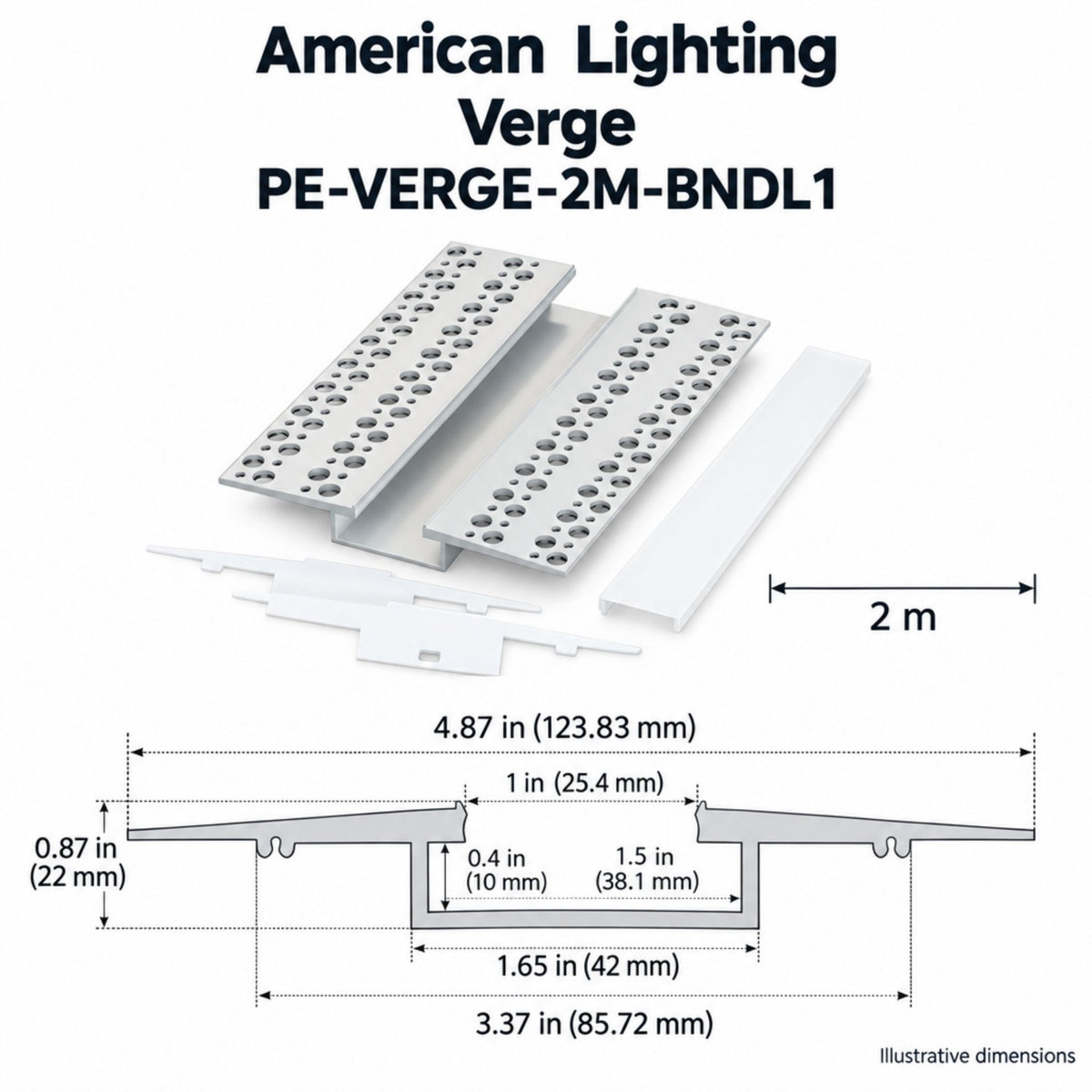 Aluminum tape light channel with perforated diffuser insert shown with dimension diagram