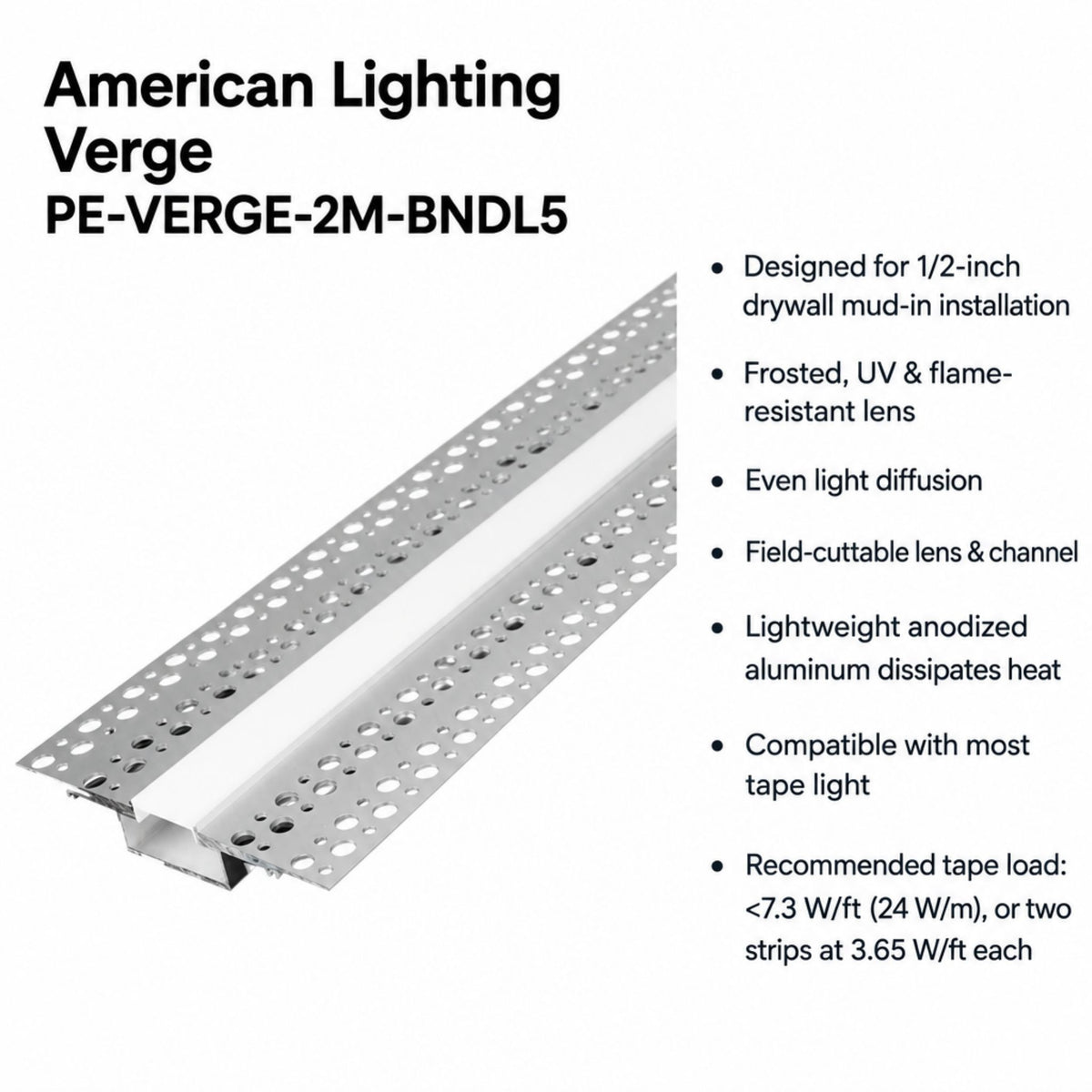 American Lighting Verge PE-VERGE-2M-BNDL5 2M Mud-In Drywall Aluminum Tape Light Channel Bundle, Aluminum, 5 Channels