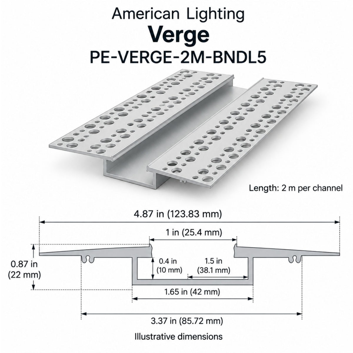 American Lighting Verge PE-VERGE-2M-BNDL5 2M Mud-In Drywall Aluminum Tape Light Channel Bundle, Aluminum, 5 Channels