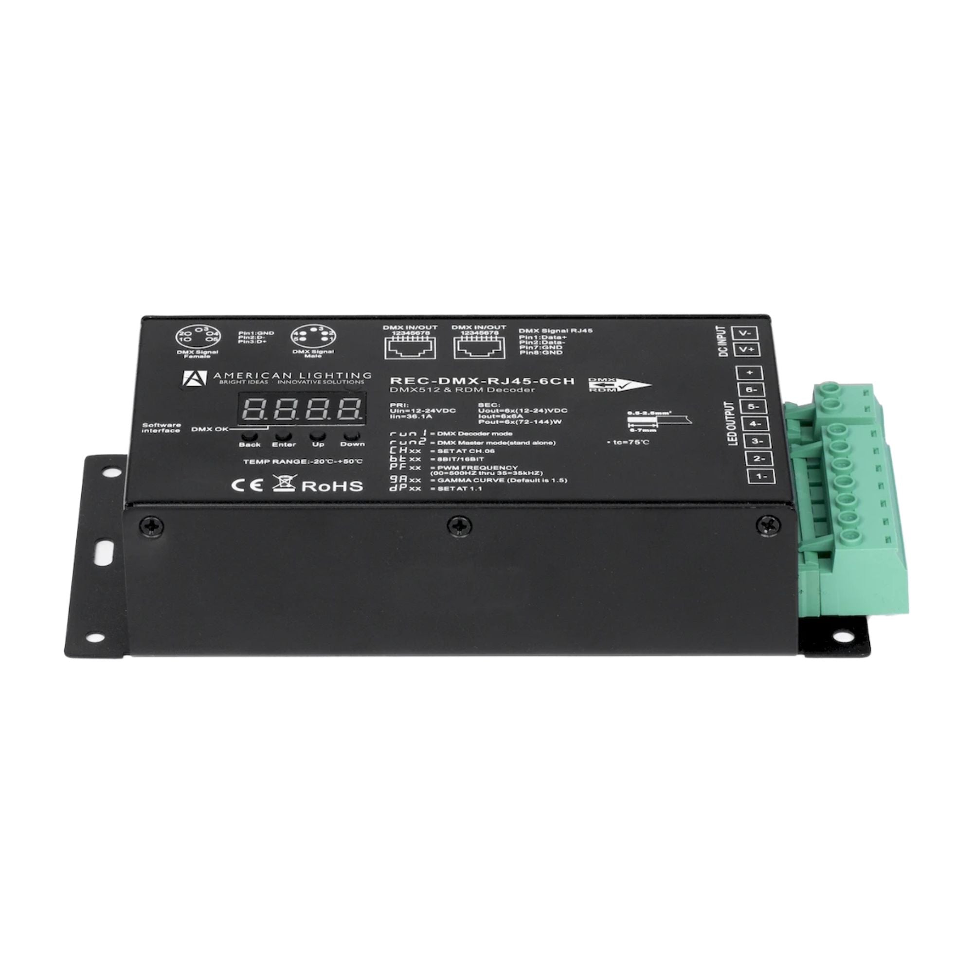 American Lighting REC-DMX-RJ45-6CH 6-Channel DMX Decoder with RJ45, 12-24V DC, 6A per Channel