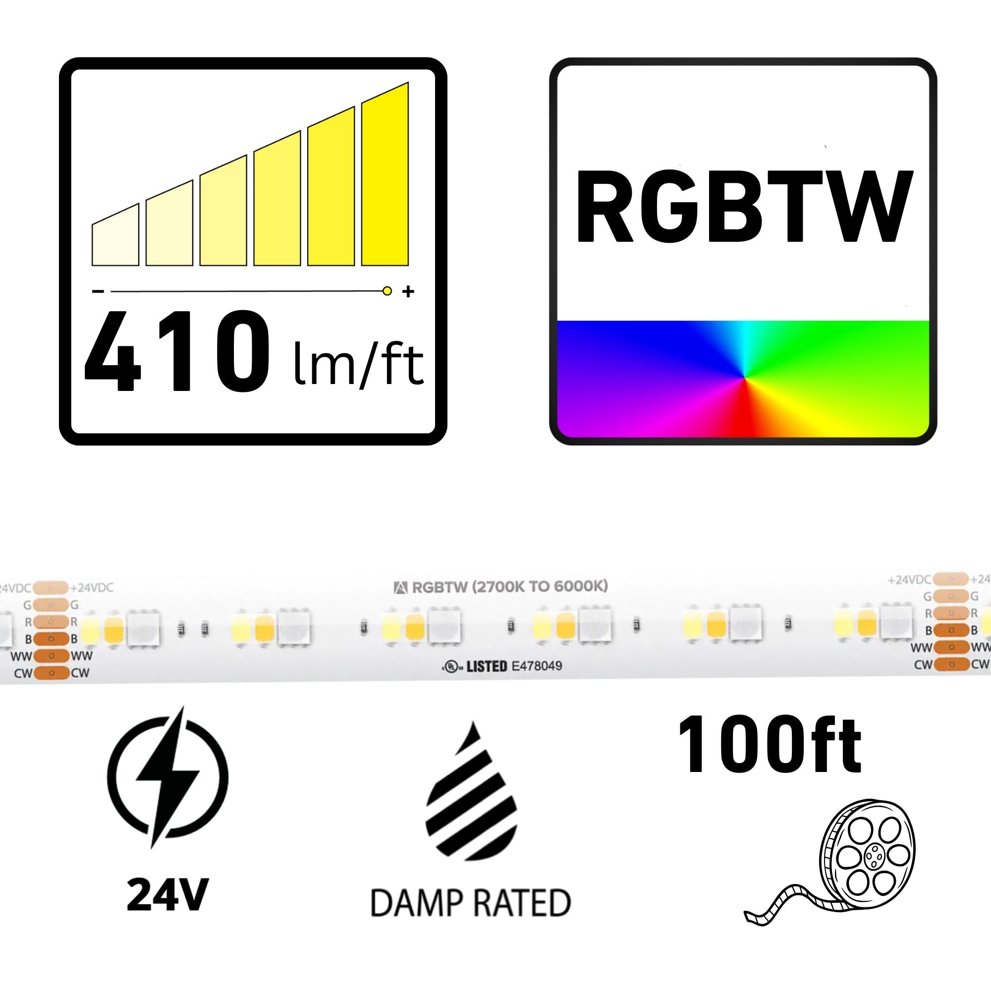 American Lighting Trulux, 100ft, LED Tape Light, IP54, RGBTW, 410 Lumens/ft, 24V
