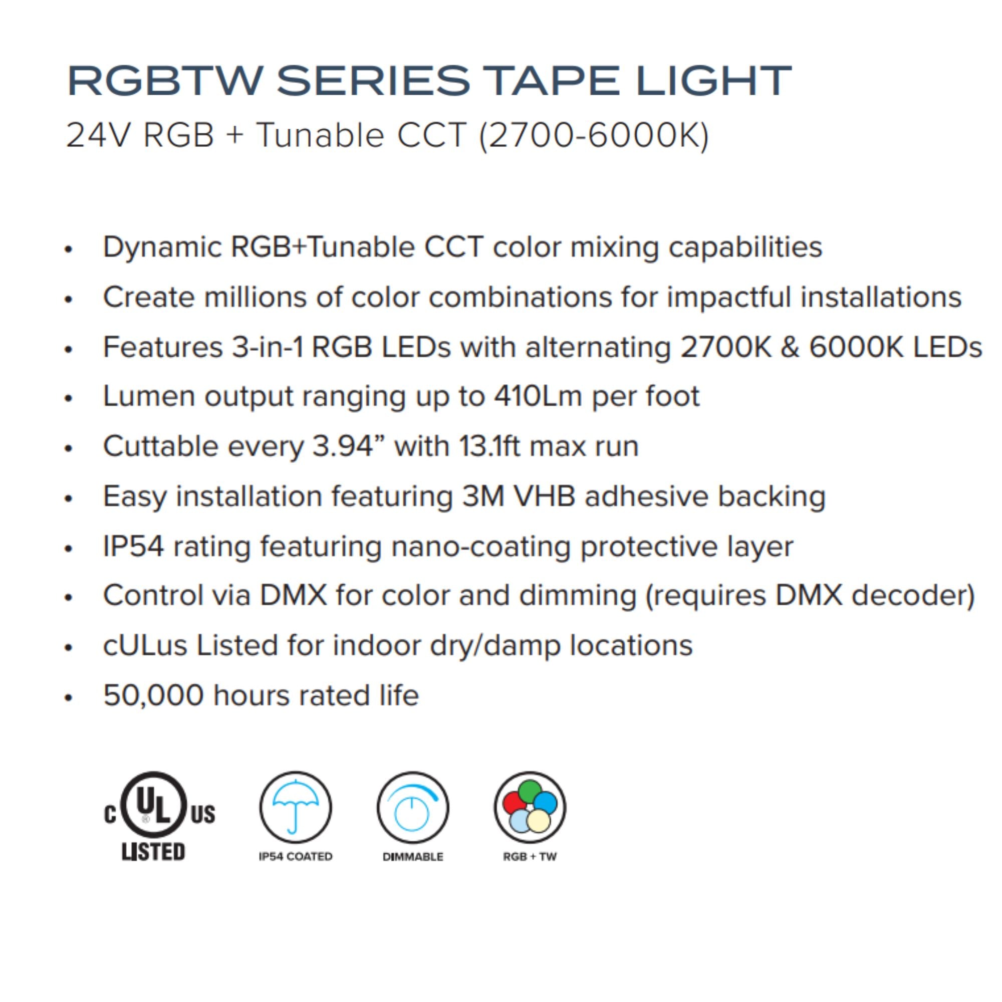 American Lighting Trulux, 13.1ft, LED Tape Light, IP54, RGBTW, 410 Lumens/ft, 24V