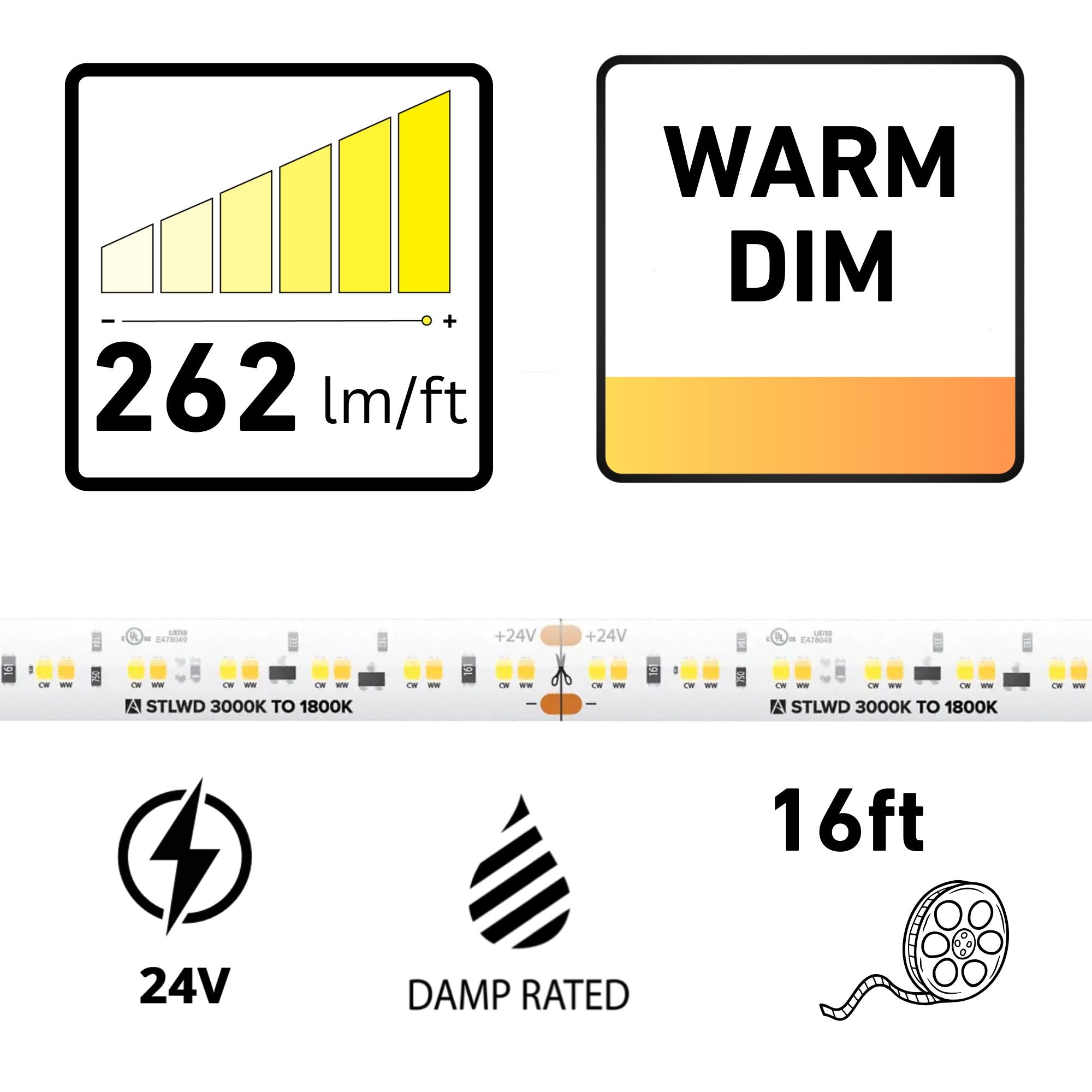 American Lighting Trulux 16.4ft LED Tape Light, IP54, Warm Dim, 262 Lumens per Foot, 24V