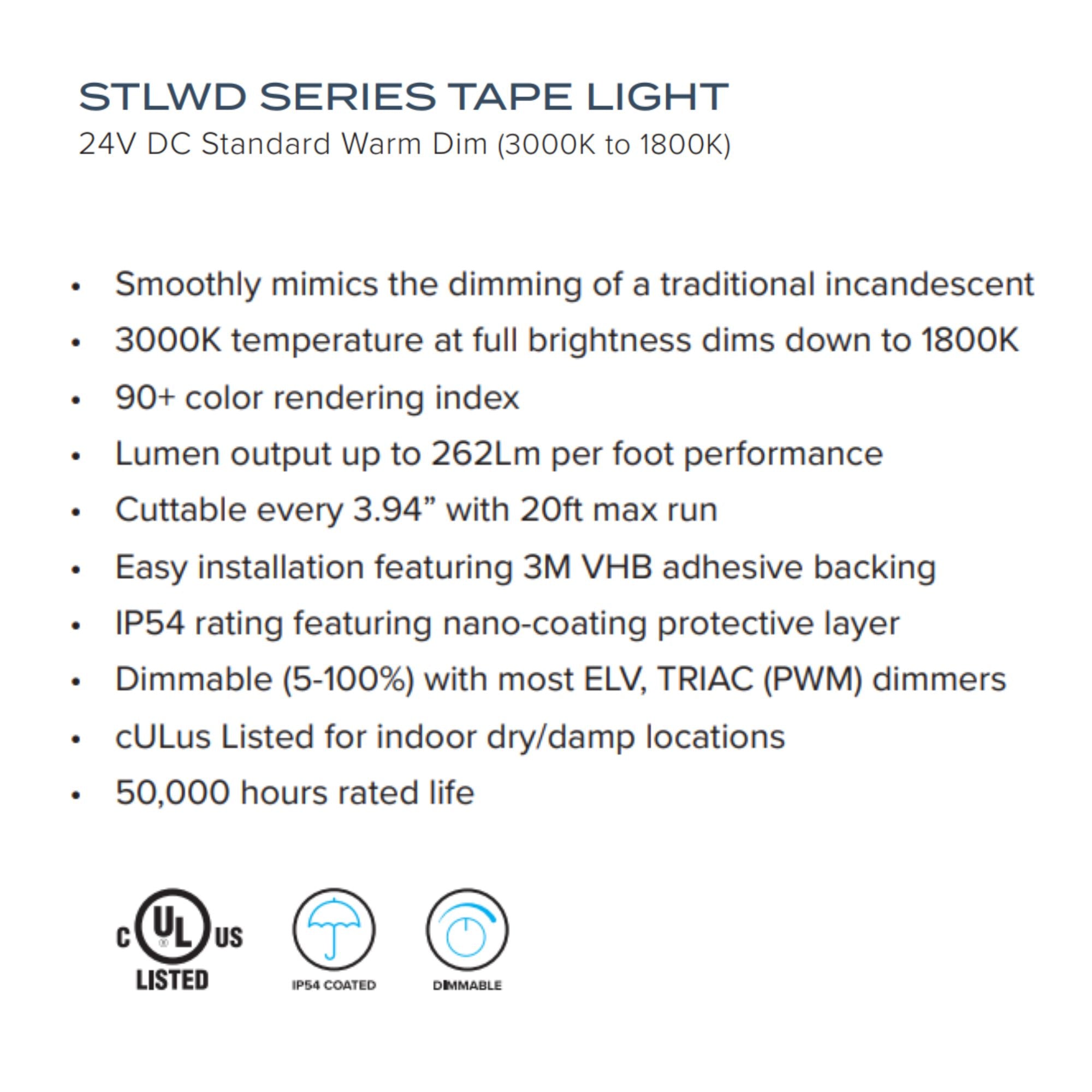 American Lighting Trulux 16.4ft LED Tape Light, IP54, Warm Dim, 262 Lumens per Foot, 24V