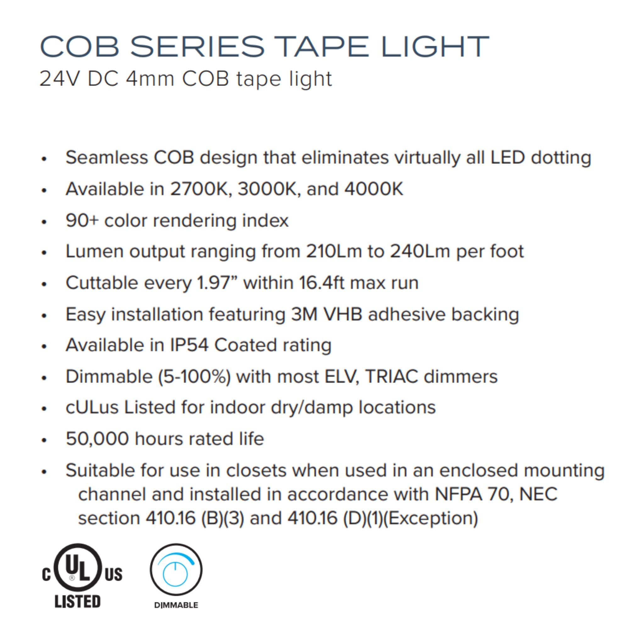 American Lighting Trulux 16.4ft 4mm COB Tape Light, IP54, 2700K, 210 Lumens per Foot, 24V