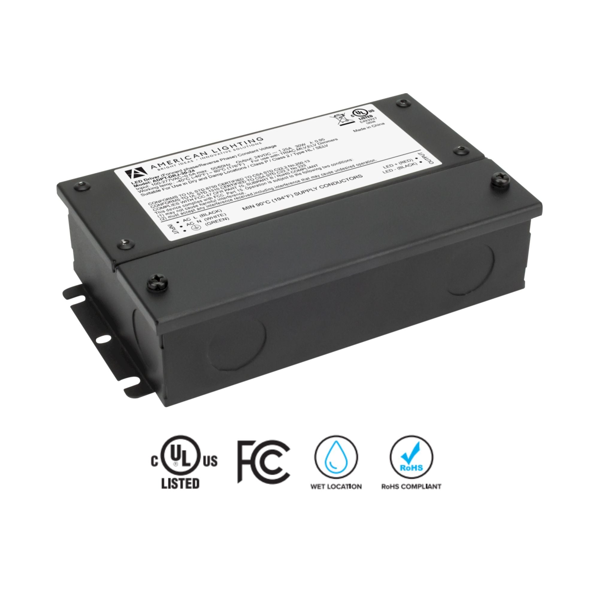 Adaptive 30W 24VDC Dimmable LED Driver with Junction Box, Class 2, 120-277V