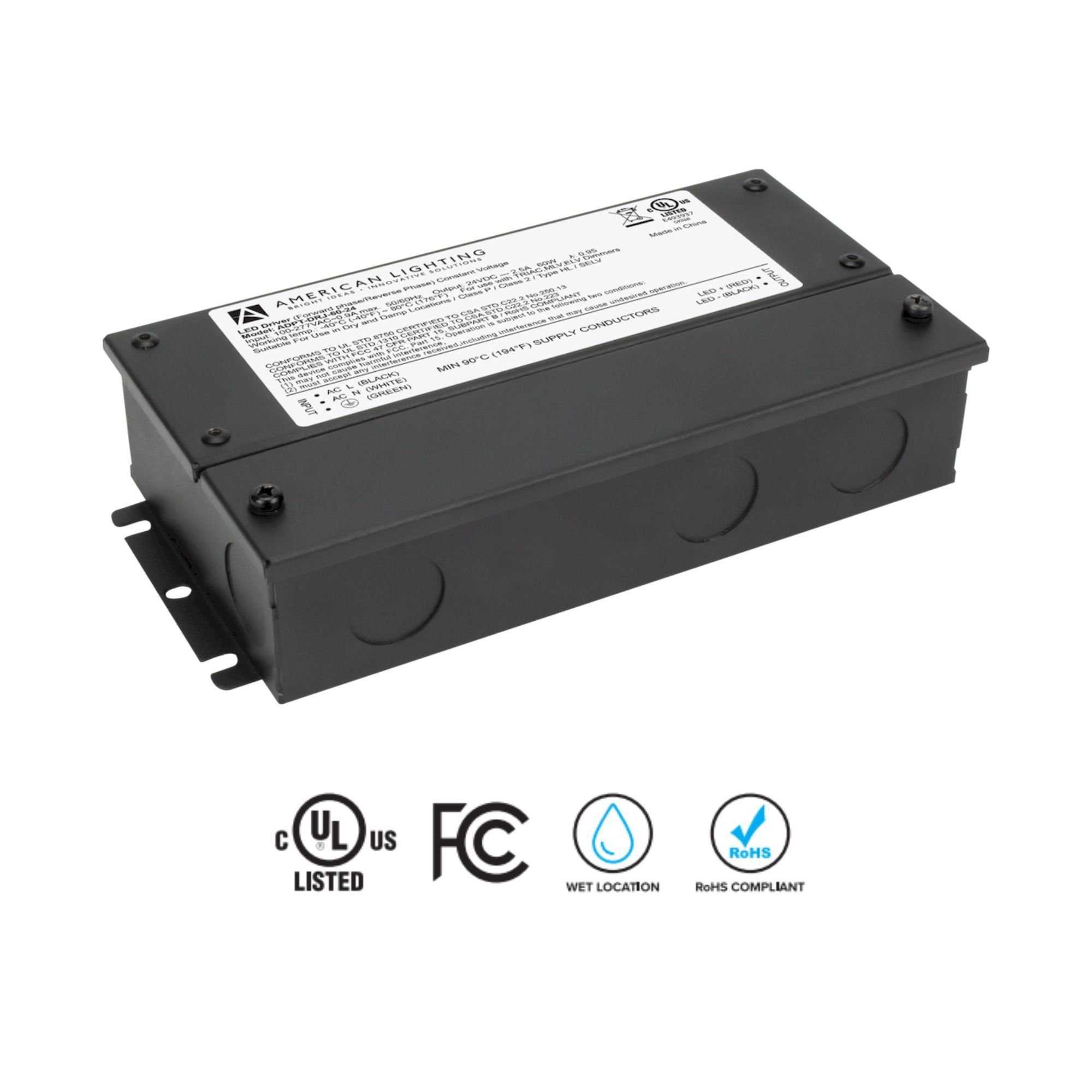 Adaptive 60W 24VDC Dimmable LED Driver with Junction Box, Class 2, 120-277V