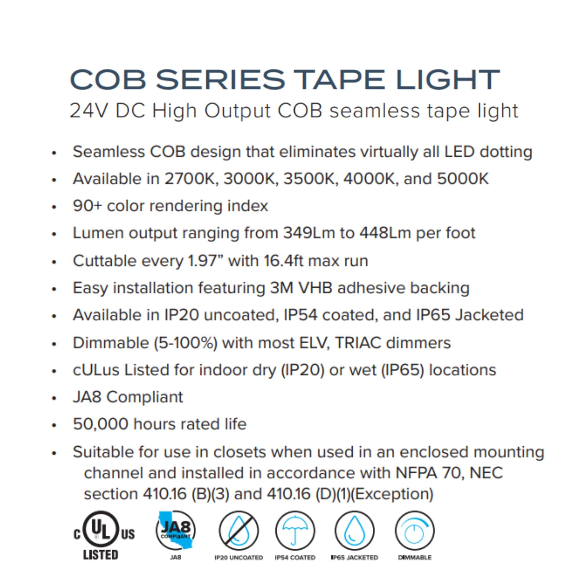 American Lighting Trulux, 16.4ft, COB Tape Light, IP54, 5000K, 448 Lumens/ft, 24V